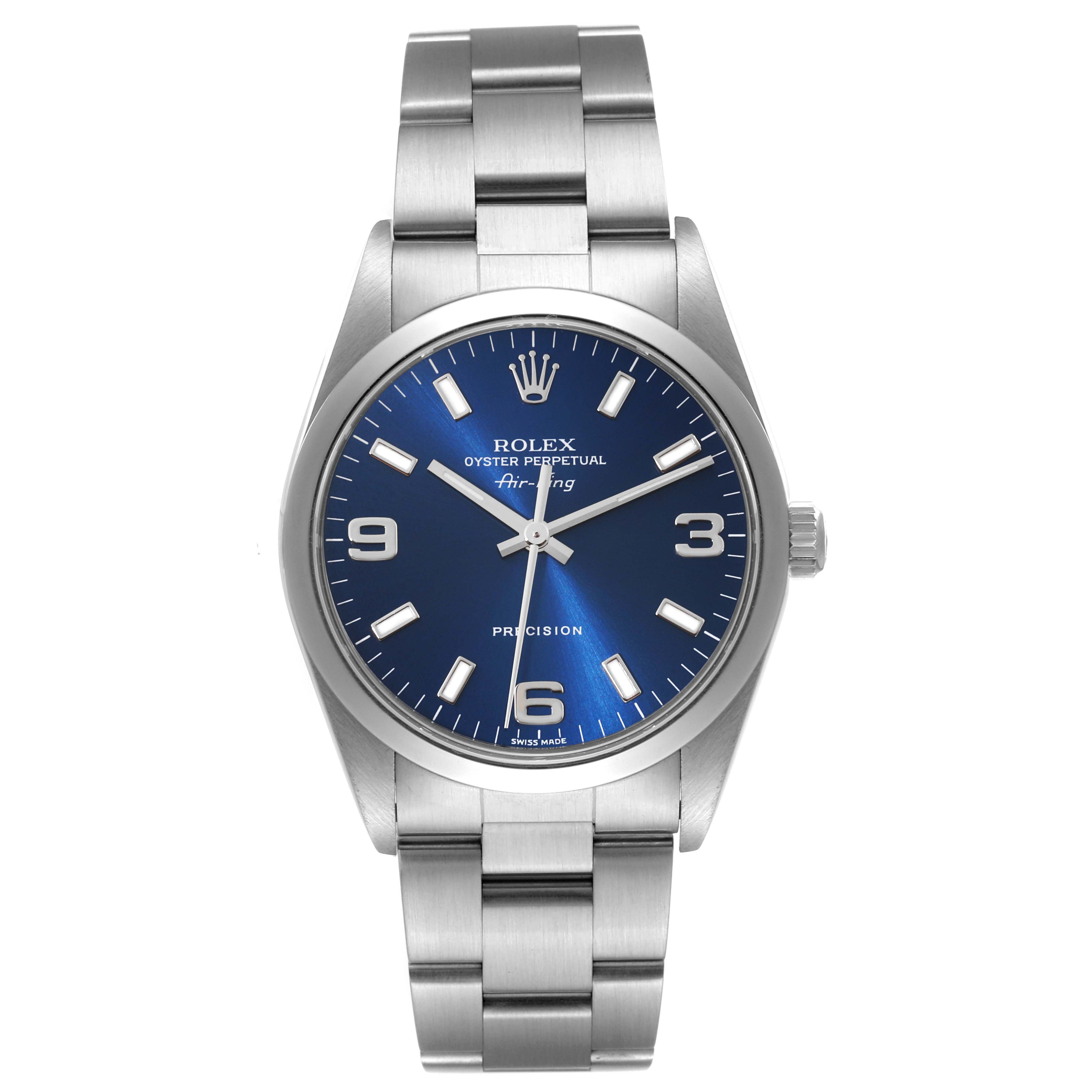 This image shows a front view of the Rolex Air-King 14000 Men's Stainless Steel Blue Dial 14000 Men's Stainless Steel Blue Dial watch, displaying its dial, bezel, crown, and bracelet.