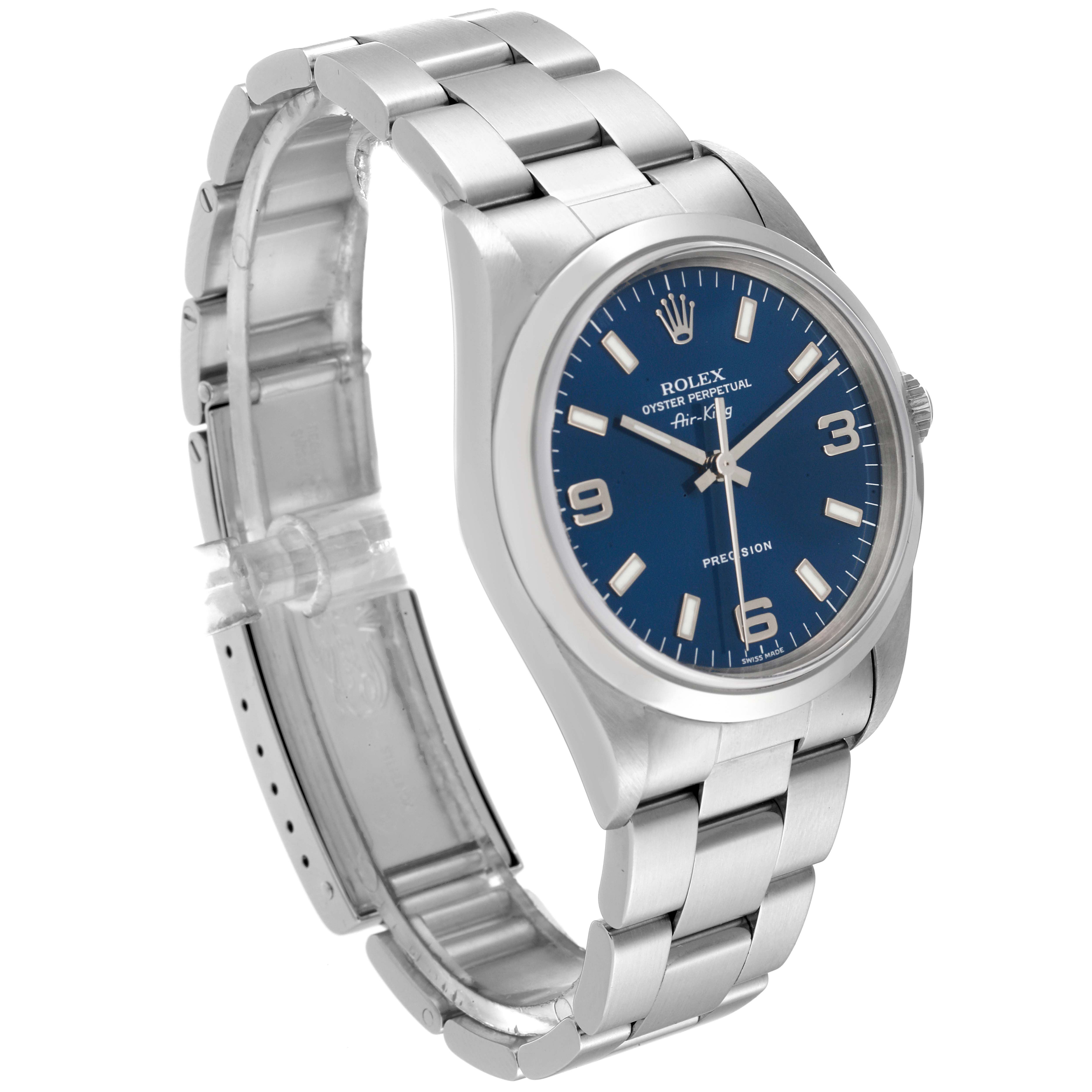 The Rolex Air-King 14000 Men's Stainless Steel Blue Dial 14000 Men's Stainless Steel Blue Dial watch is shown from a slight angle, displaying the face, bezel, and part of the bracelet.