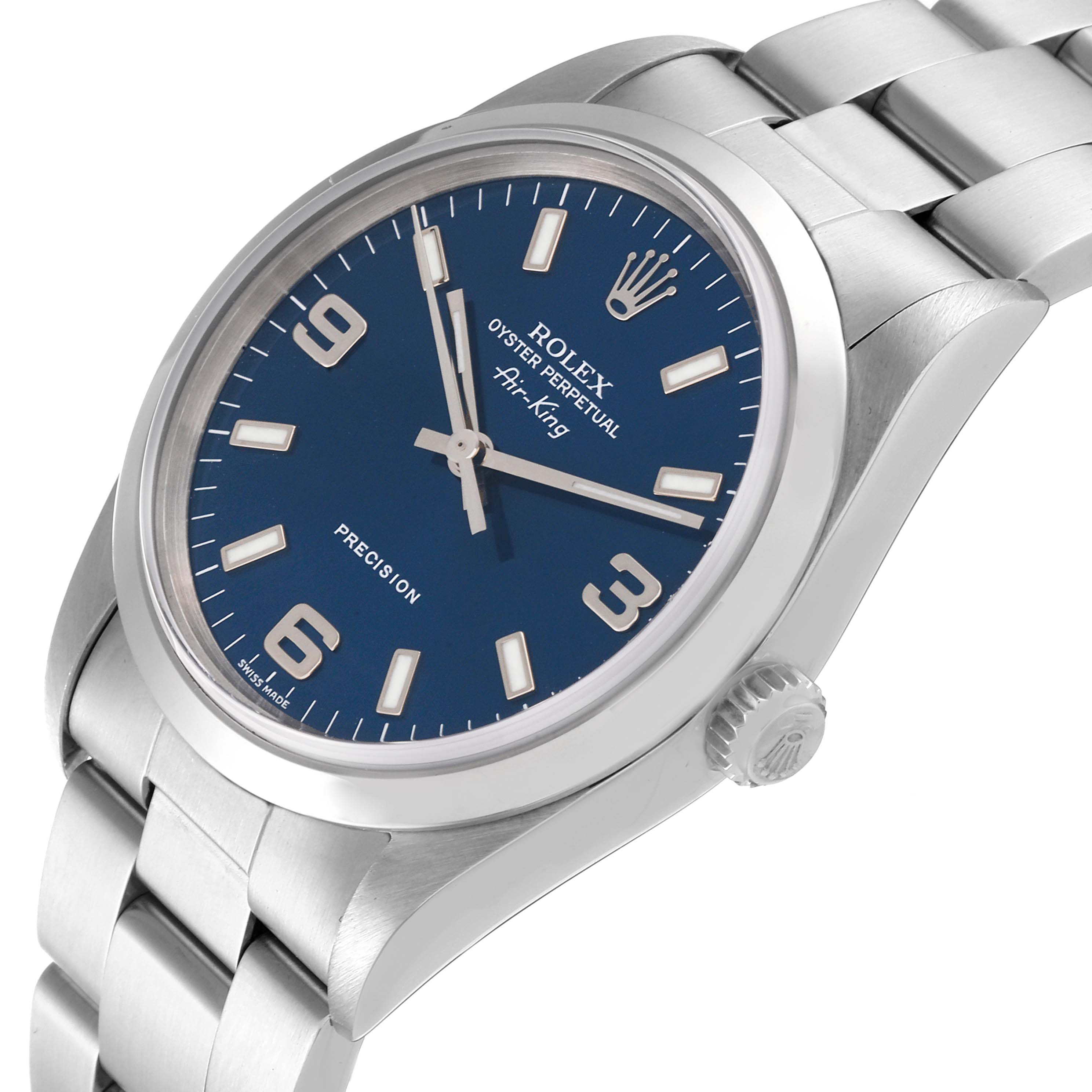 The image shows a Rolex Air-King 14000 Men's Stainless Steel Blue Dial 14000 Men's Stainless Steel Blue Dial watch from an angled top view, highlighting its blue dial, crown, and part of the stainless steel bracelet.