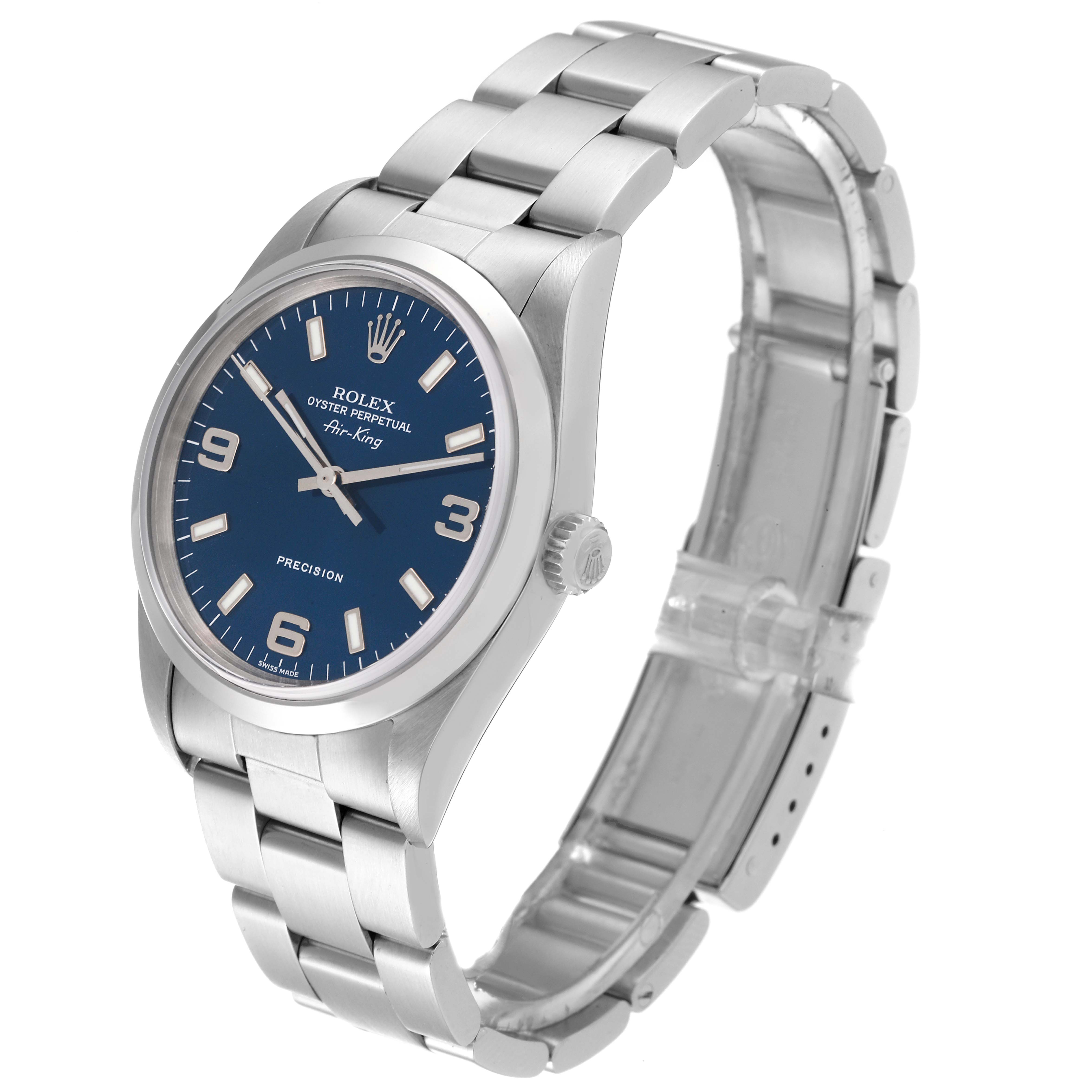This image shows a side angle of the Rolex Air-King 14000 Men's Stainless Steel Blue Dial 14000 Men's Stainless Steel Blue Dial watch, revealing the face, crown, and metal bracelet.