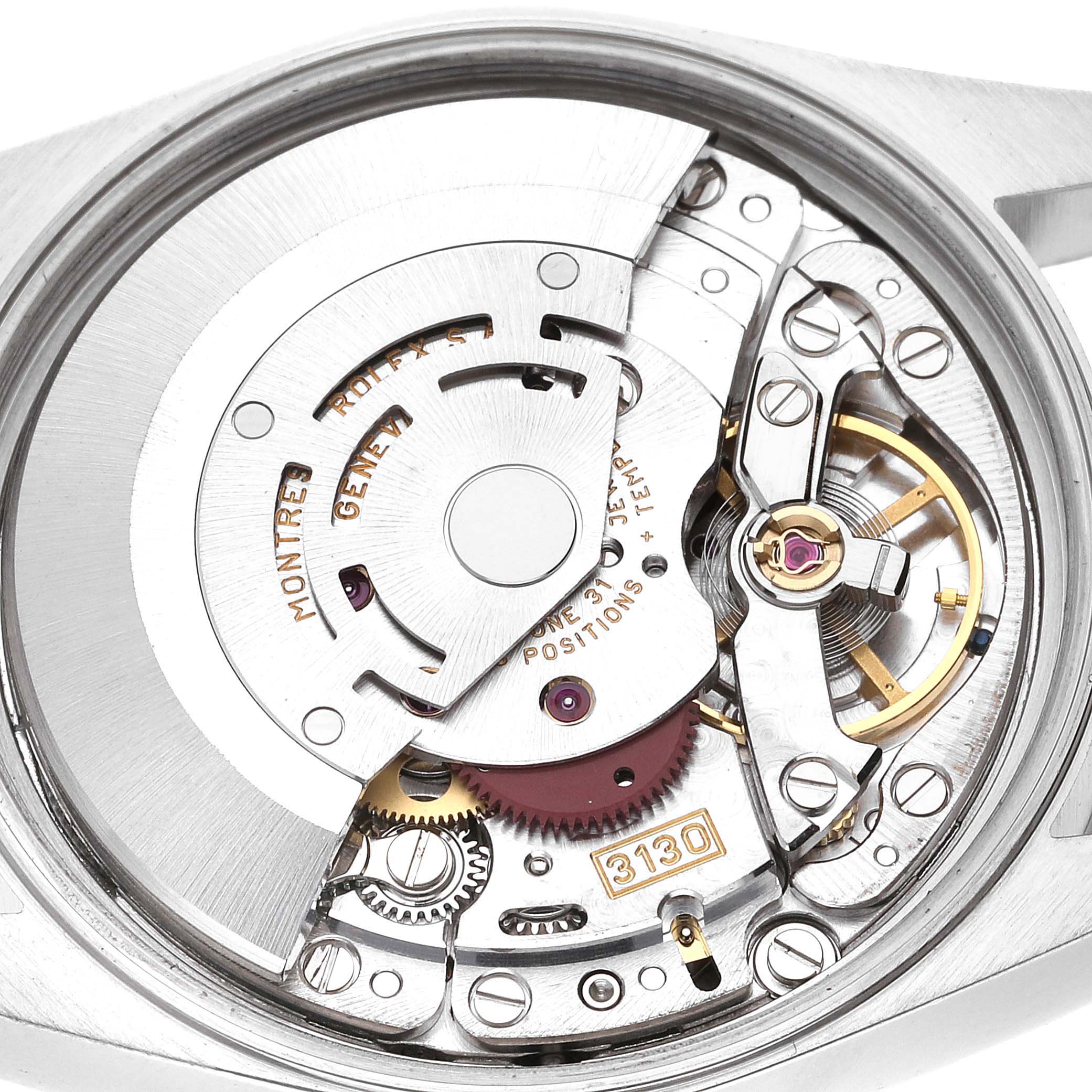 The image shows a close-up, angled view of the movement mechanism inside a Rolex Air-King 14000 Men's Stainless Steel Blue Dial 14000 Men's Stainless Steel Blue Dial watch.