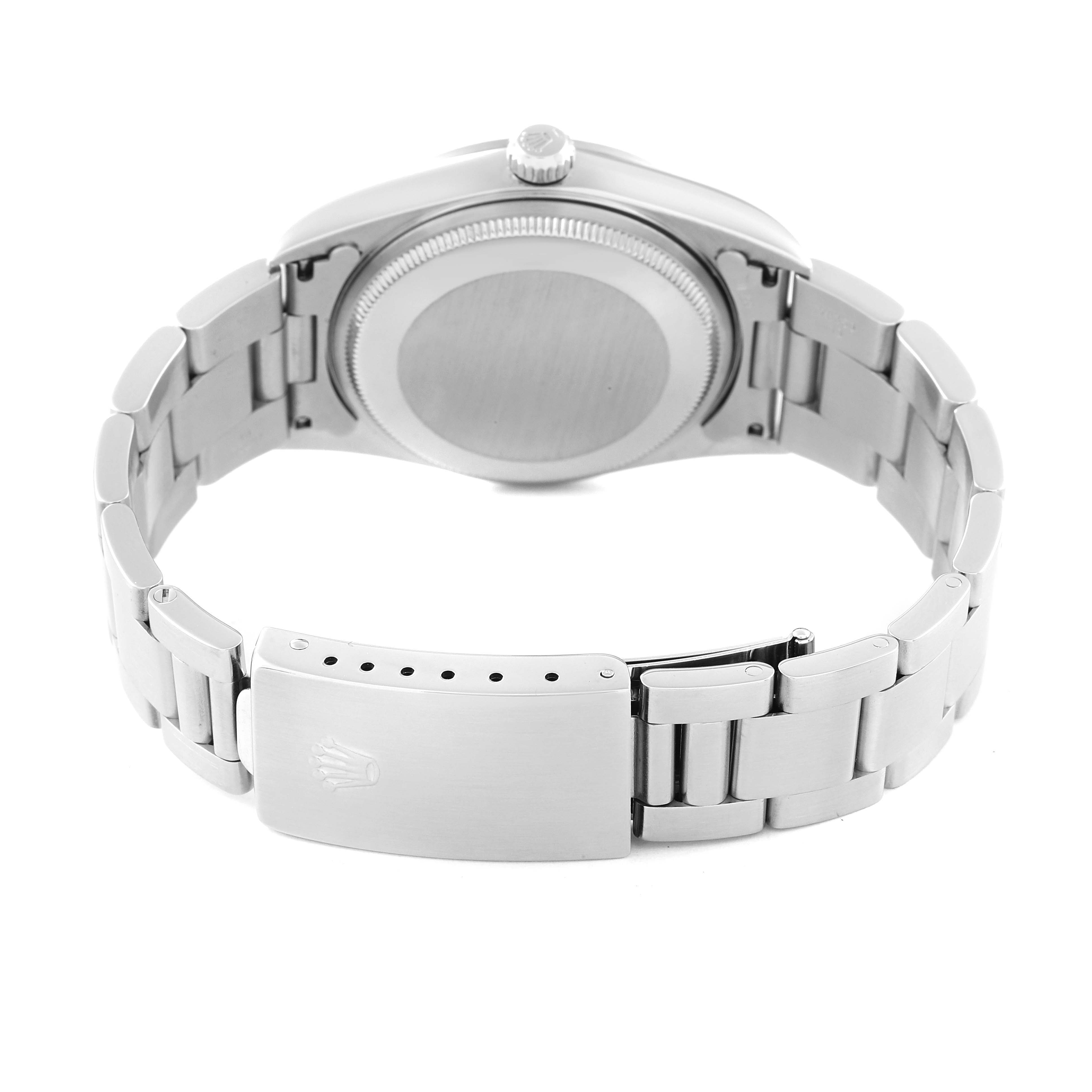 This image shows the back view of the Rolex Air-King 14000 Men's Stainless Steel Blue Dial 14000 Men's Stainless Steel Blue Dial watch, highlighting its bracelet and clasp.