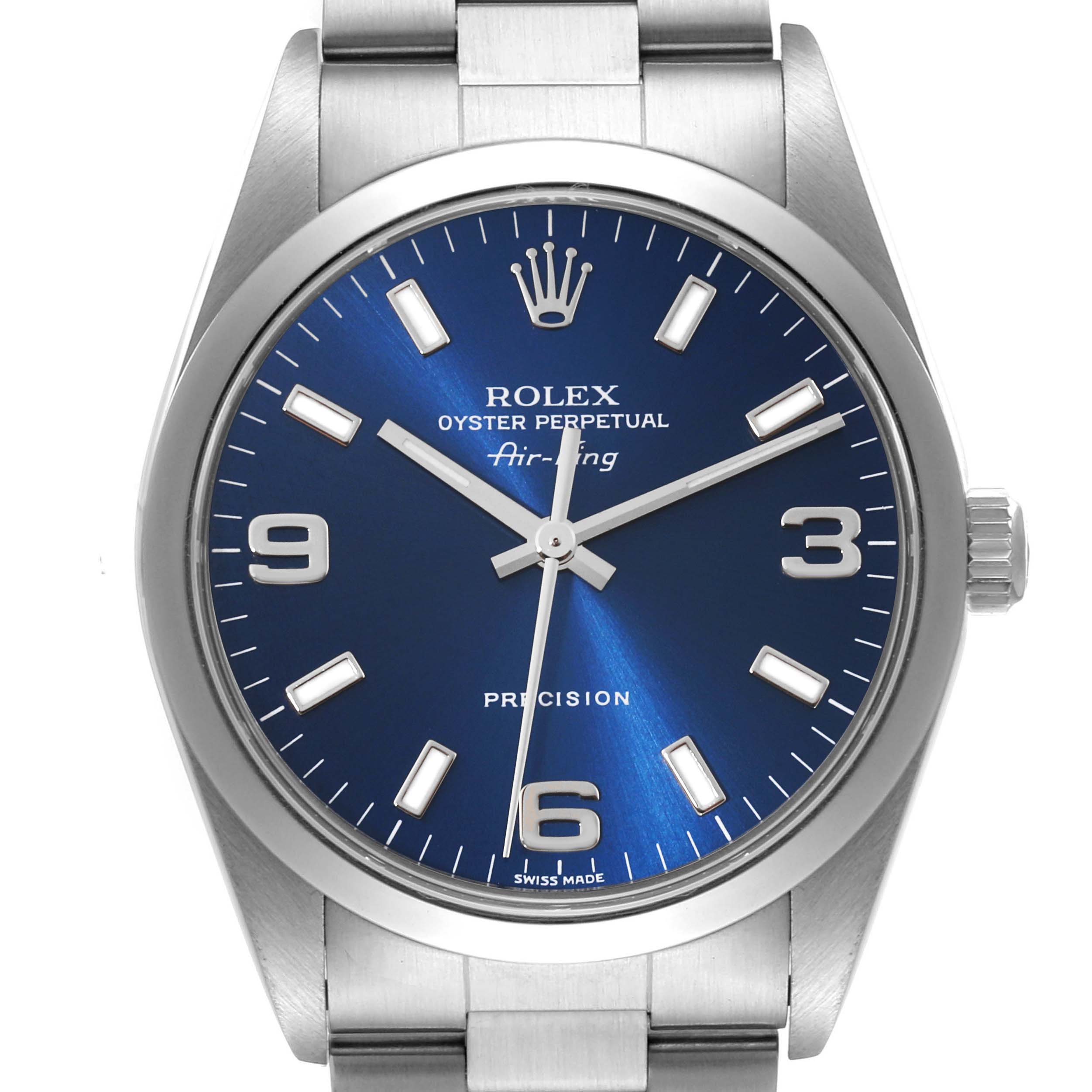 The image shows a frontal view of the Rolex Air-King 14000 Men's Stainless Steel Blue Dial 14000 Men's Stainless Steel Blue Dial watch with a blue dial and stainless steel case and bracelet.
