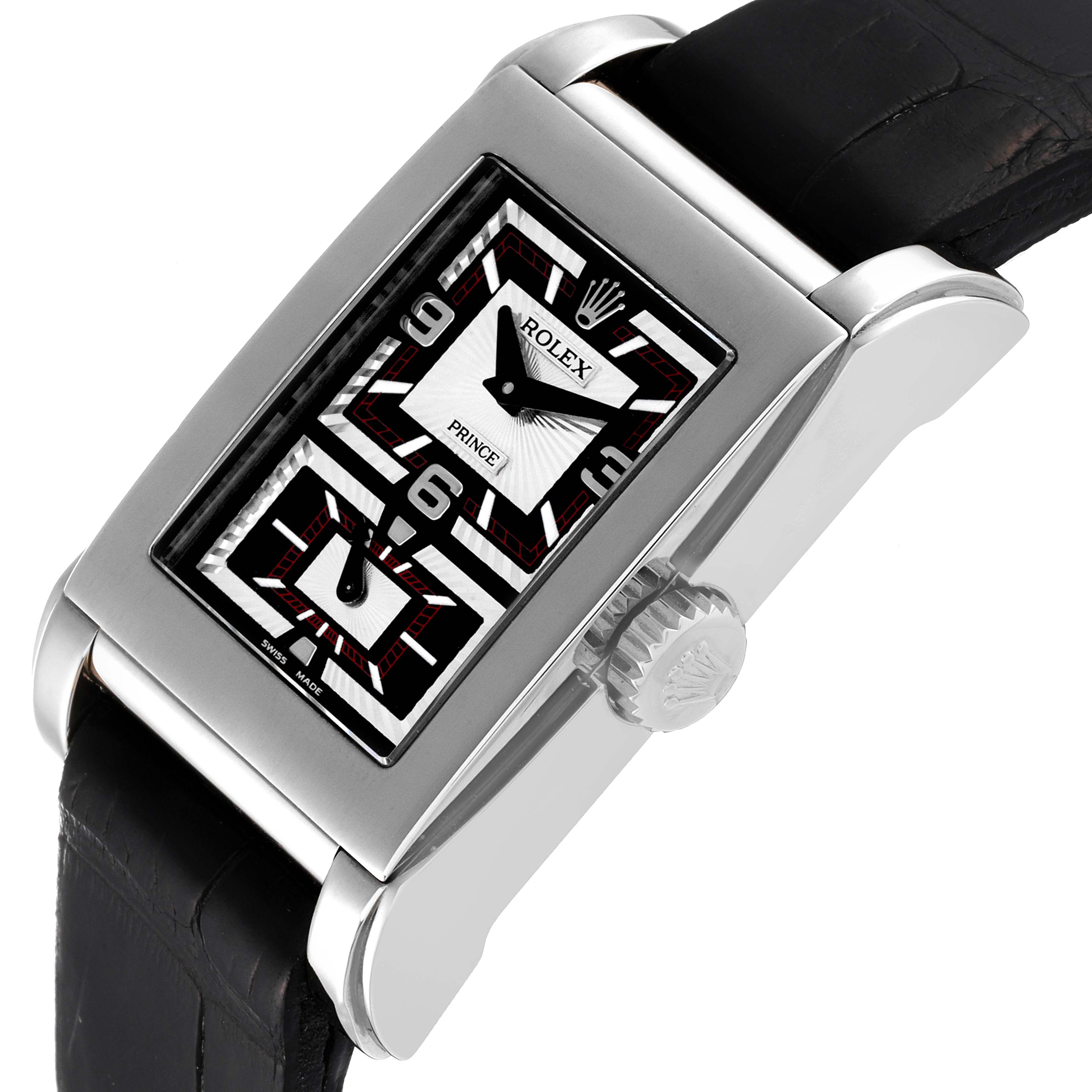 This image shows the side and partial front angle of the Rolex Cellini 5443/9 Men's White Gold Black Dial 5443/9 Men's White Gold Black Dial Prince model, highlighting the crown, dial, and part of the strap.