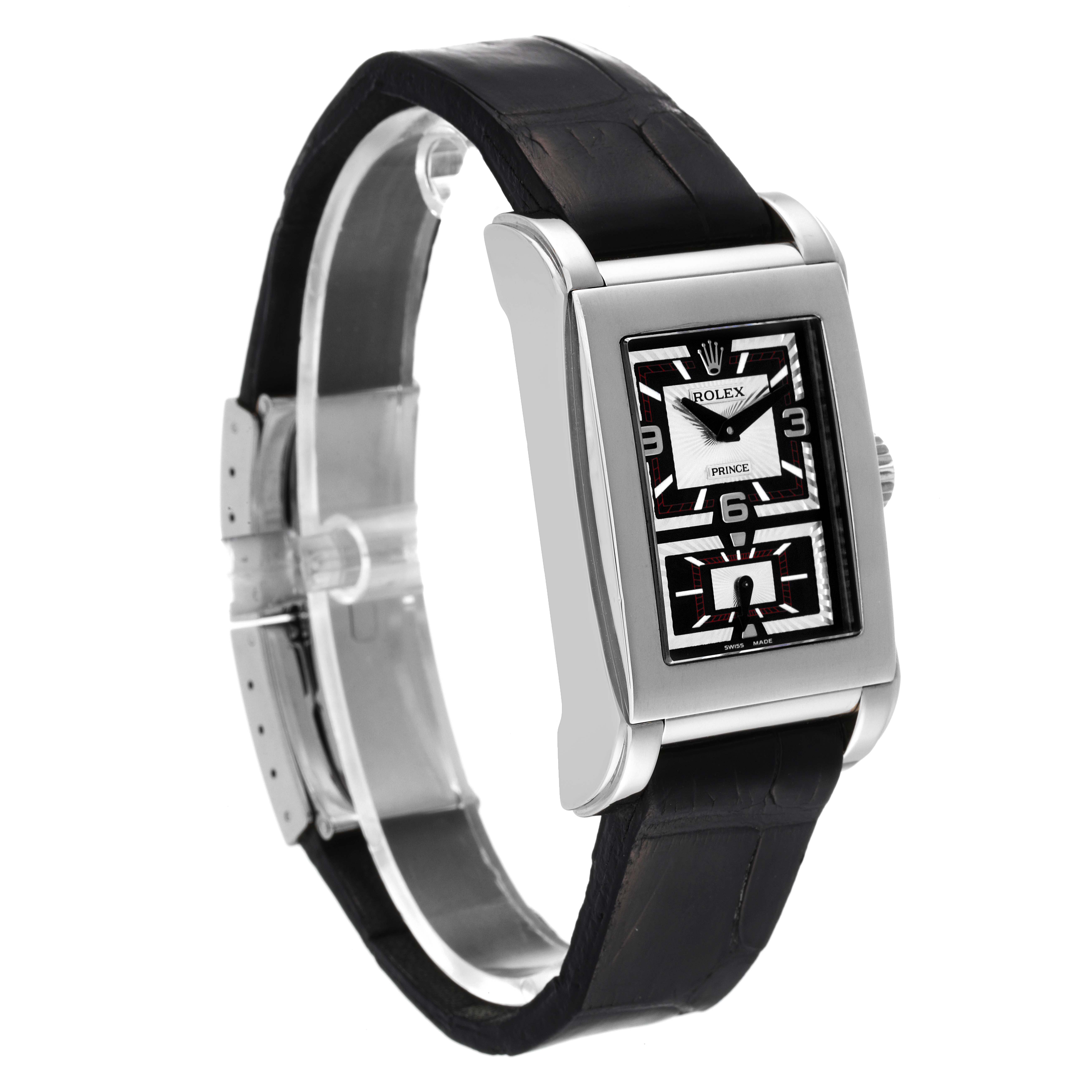 This image shows the angle of the Rolex Cellini 5443/9 Men's White Gold Black Dial 5443/9 Men's White Gold Black Dial's face and strap from a front-left perspective.