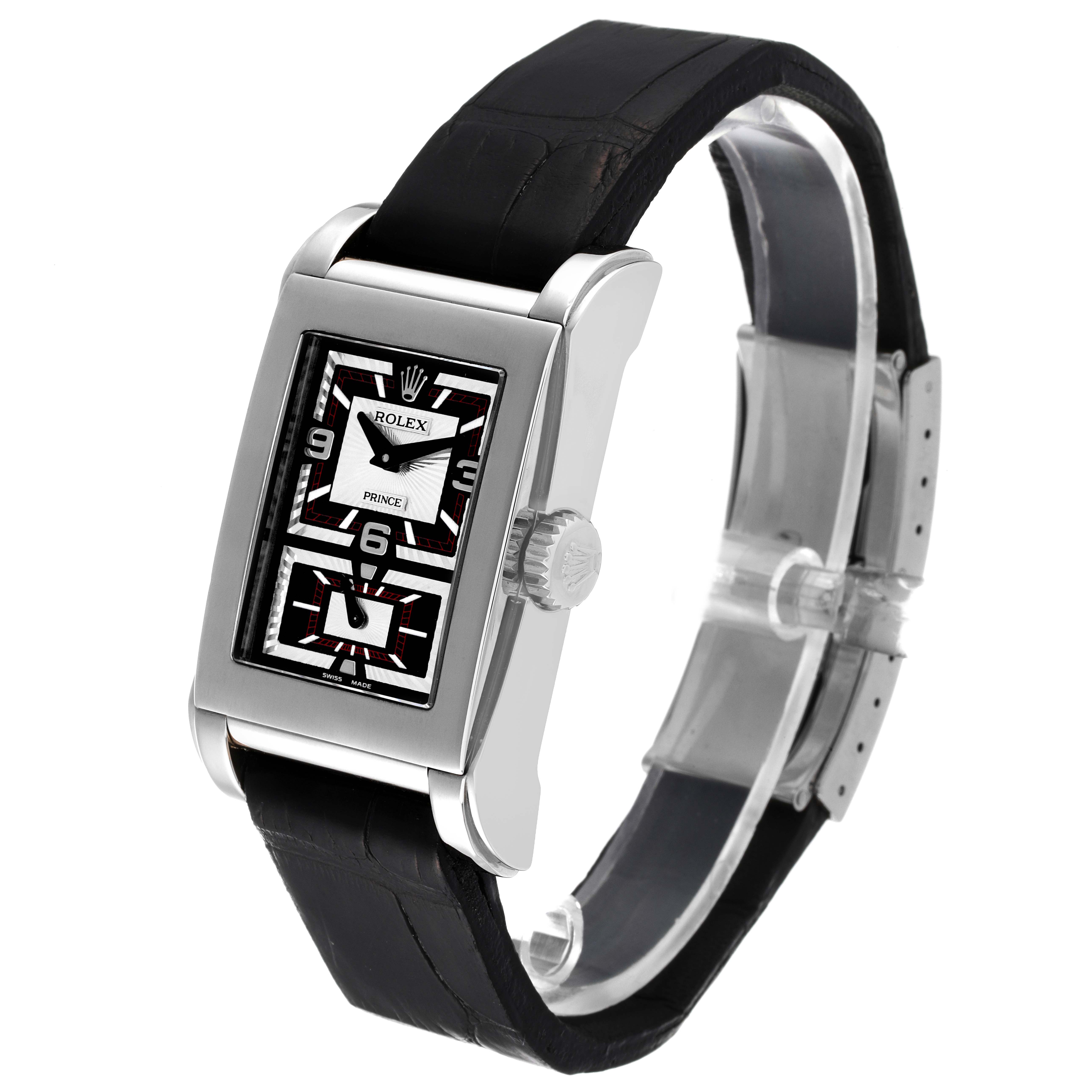 The Rolex Cellini 5443/9 Men's White Gold Black Dial 5443/9 Men's White Gold Black Dial watch is angled to show its face, case, crown, and leather strap.