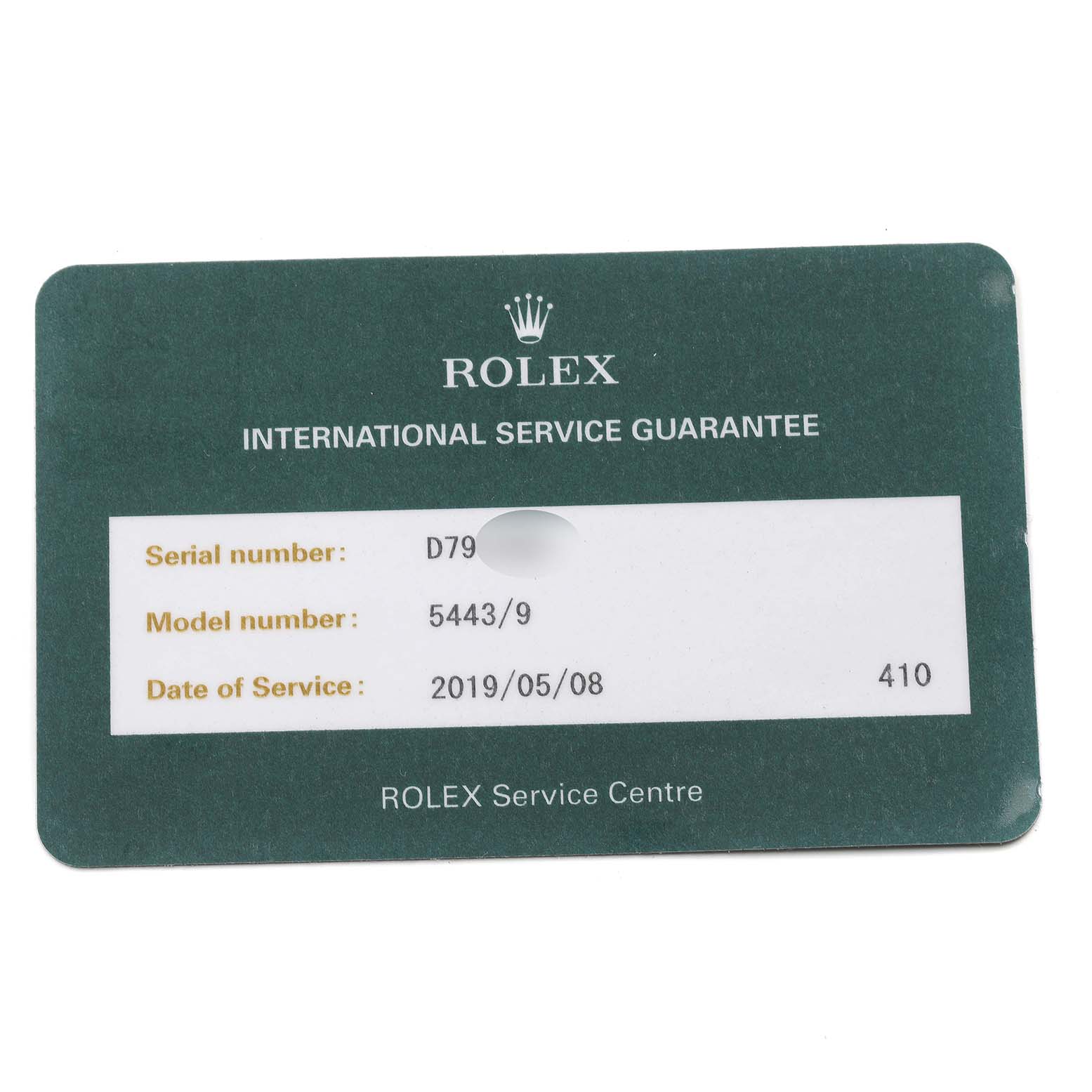 This image shows a Rolex Cellini 5443/9 Men's White Gold Black Dial 5443/9 Men's White Gold Black Dial model service guarantee card, detailing serial and model numbers and the date of service.