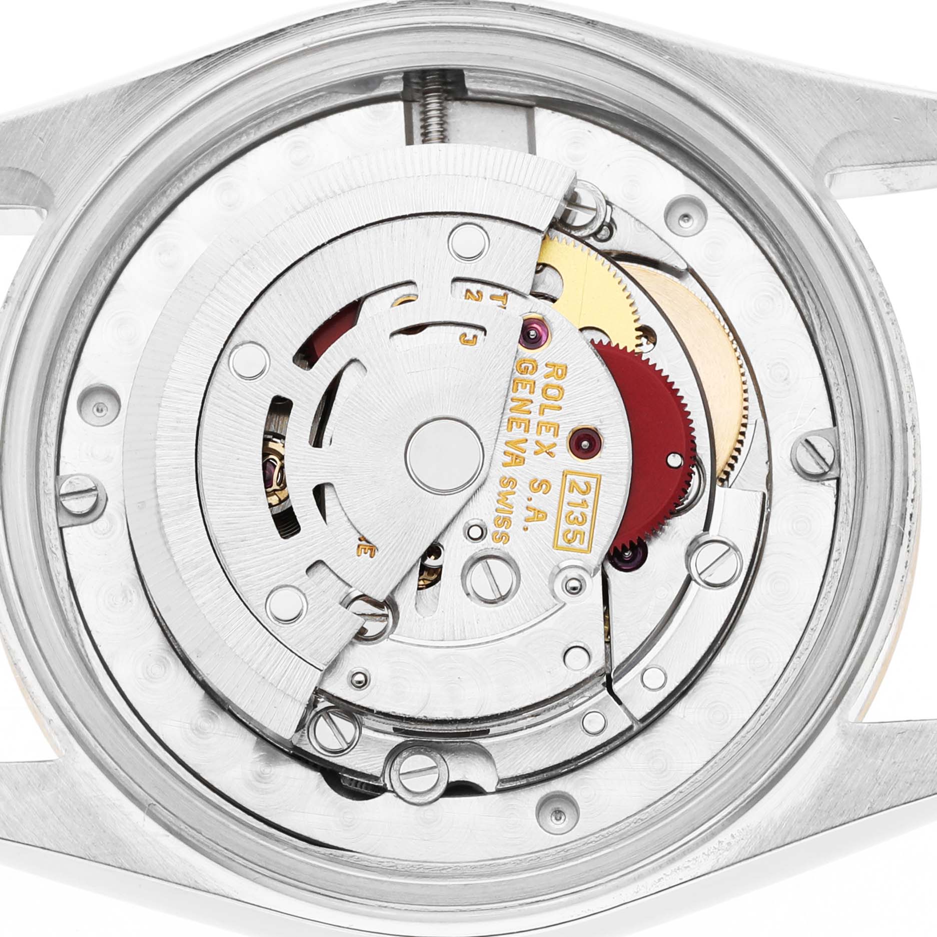 The image shows the inner mechanical movement of the Rolex Datejust 68273 Women's Steel and Gold (two tone) White Dial watch from a top-down view.