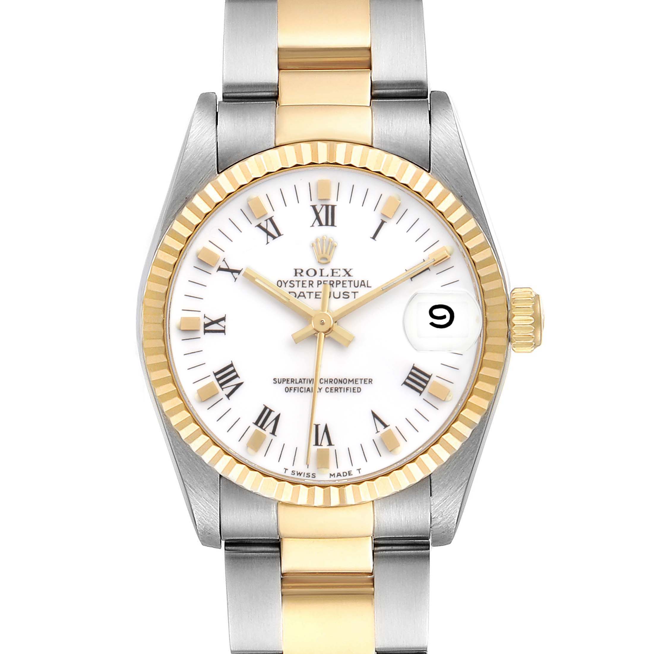 The Rolex Datejust 68273 Women's Steel and Gold (two tone) White Dial watch is shown from a front angle, highlighting its dial, bezel, and bracelet.