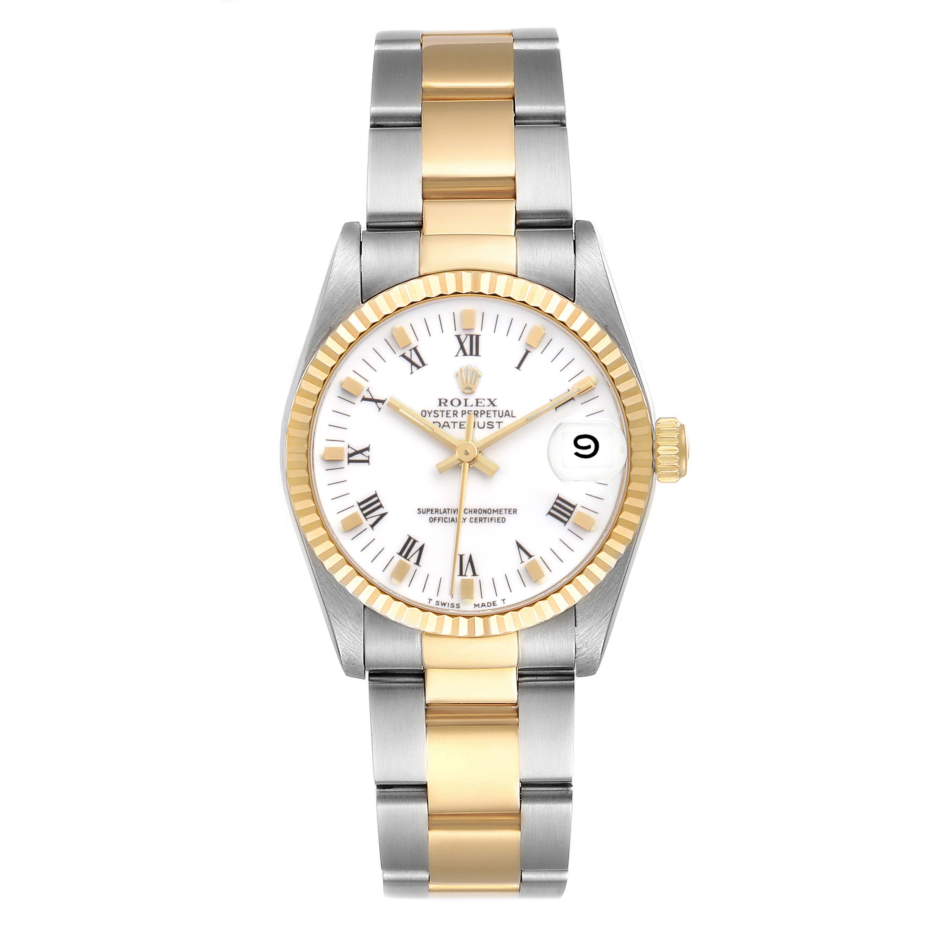 The Rolex Datejust 68273 Women's Steel and Gold (two tone) White Dial watch is shown from the front, highlighting its dial, bezel, and two-tone bracelet.