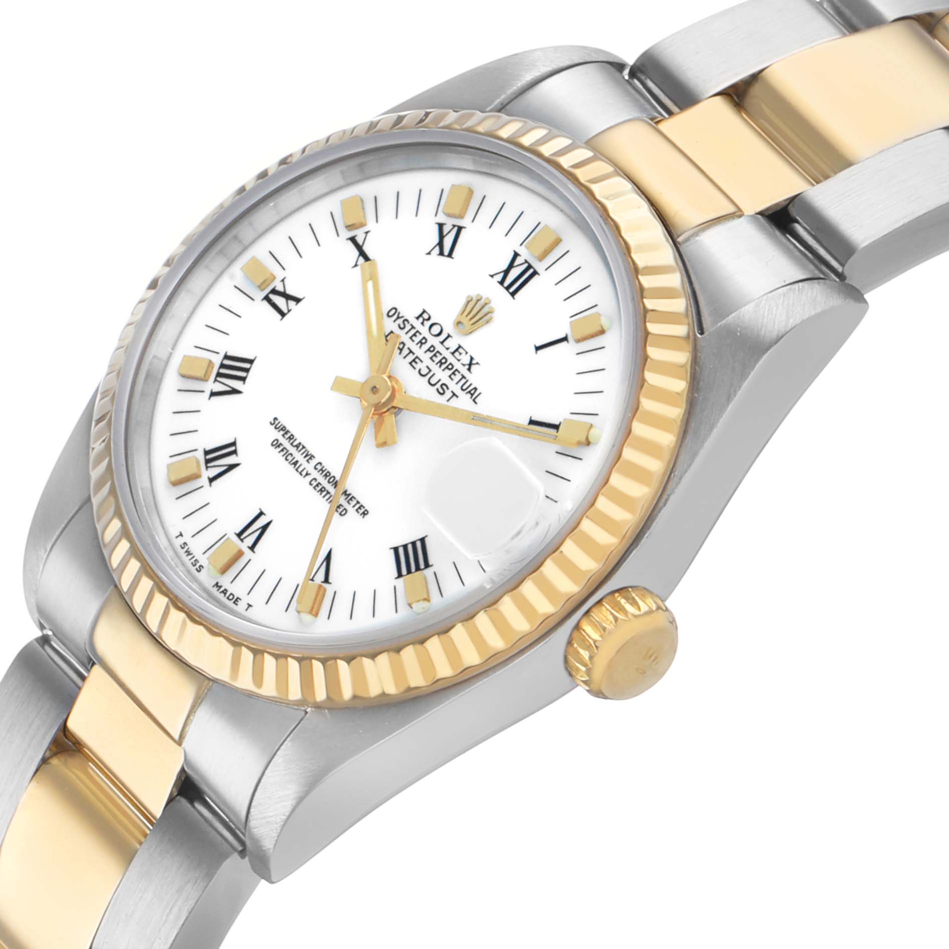 The Rolex Datejust 68273 Women's Steel and Gold (two tone) White Dial watch is shown at an angle displaying the case, bezel, dial, markers, and part of the bracelet.