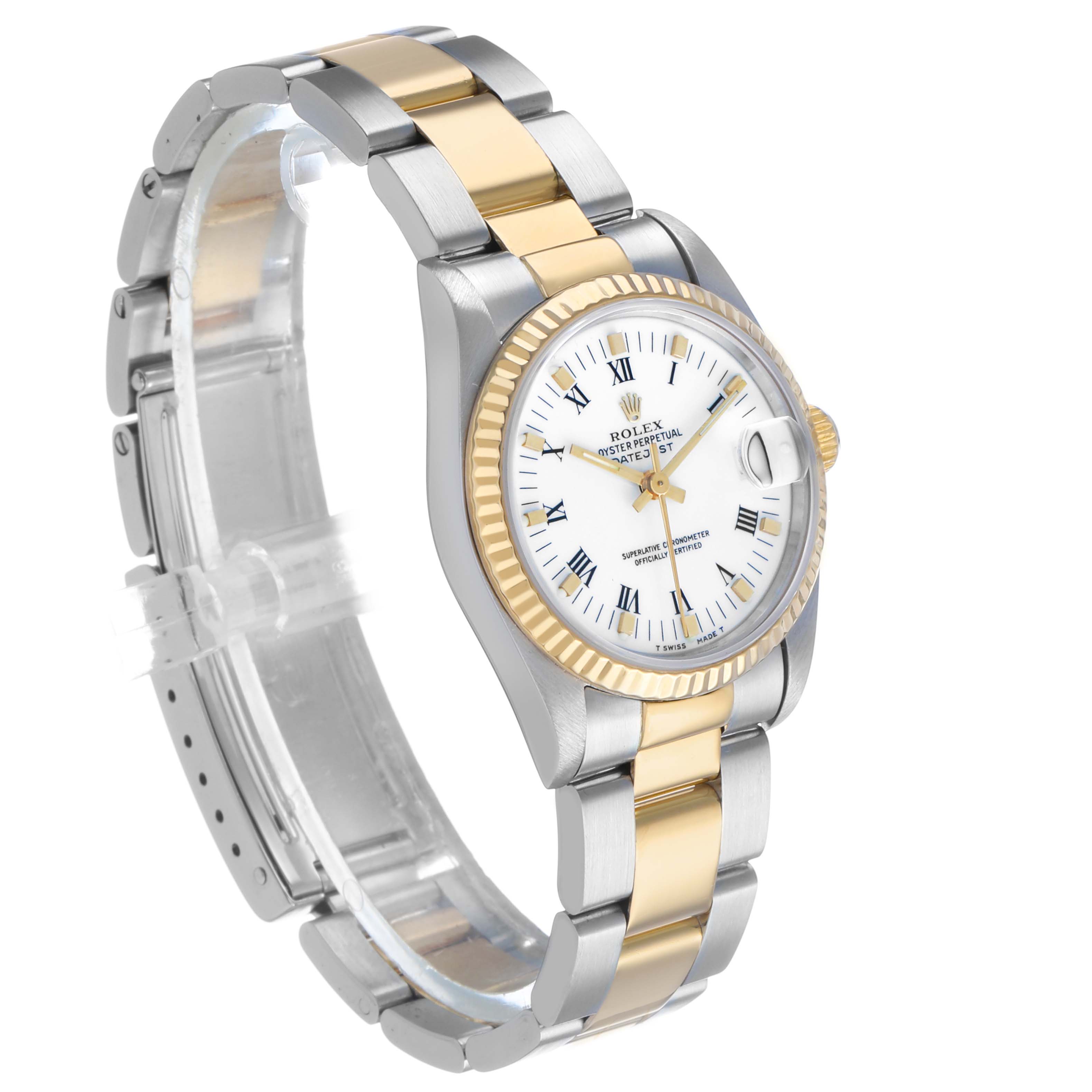 The Rolex Datejust 68273 Women's Steel and Gold (two tone) White Dial watch is shown at a three-quarter angle, highlighting the bezel, face, and two-tone bracelet.