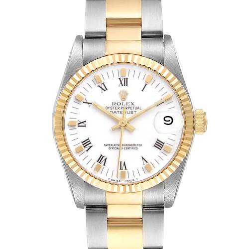 The image shows a front view of a Rolex Datejust 68273 Women's Steel and Gold (two tone) White Dial, highlighting its dial, fluted bezel, and two-tone bracelet.