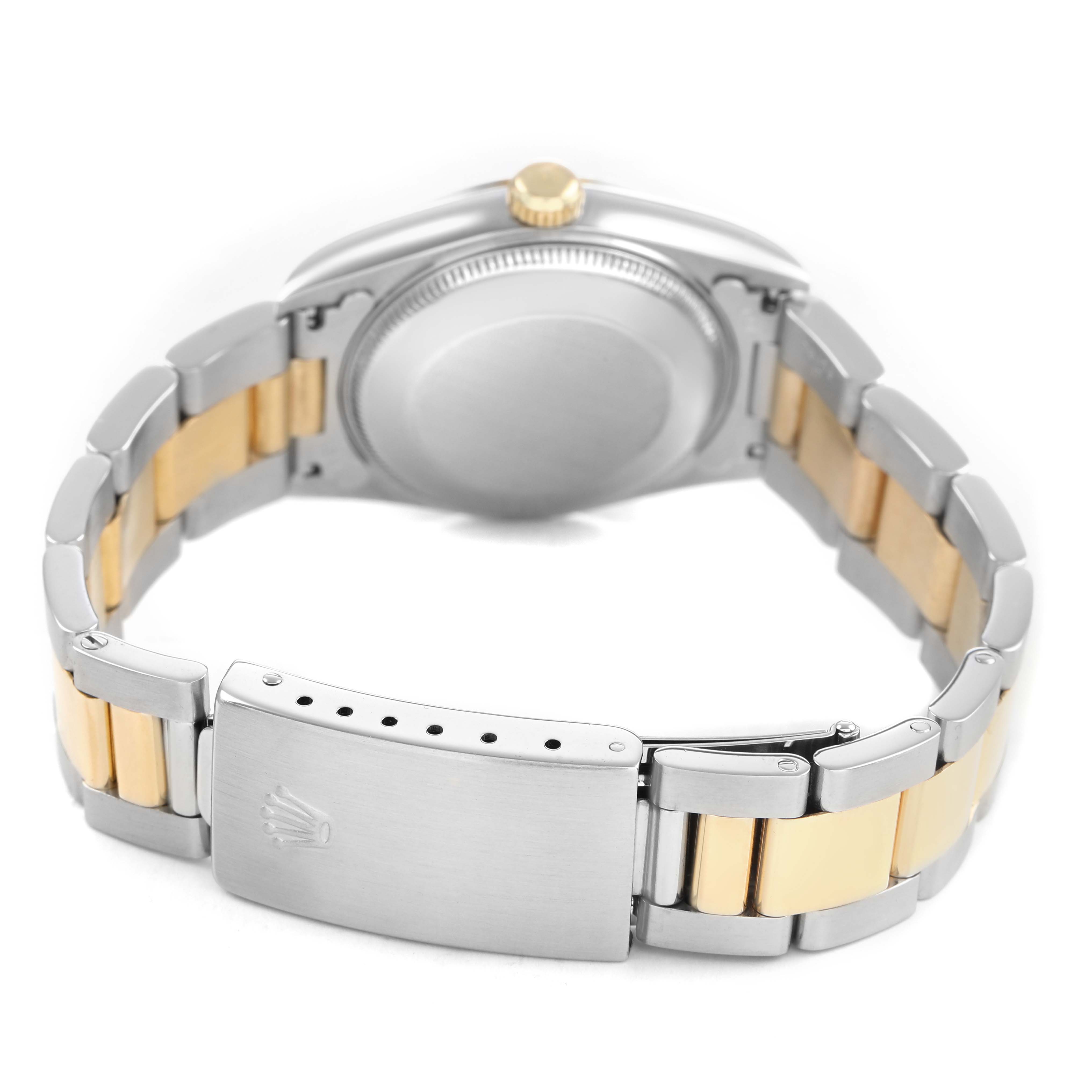 The image shows the back and bracelet of a Rolex Datejust 68273 Women's Steel and Gold (two tone) White Dial watch, highlighting the clasp and case back.