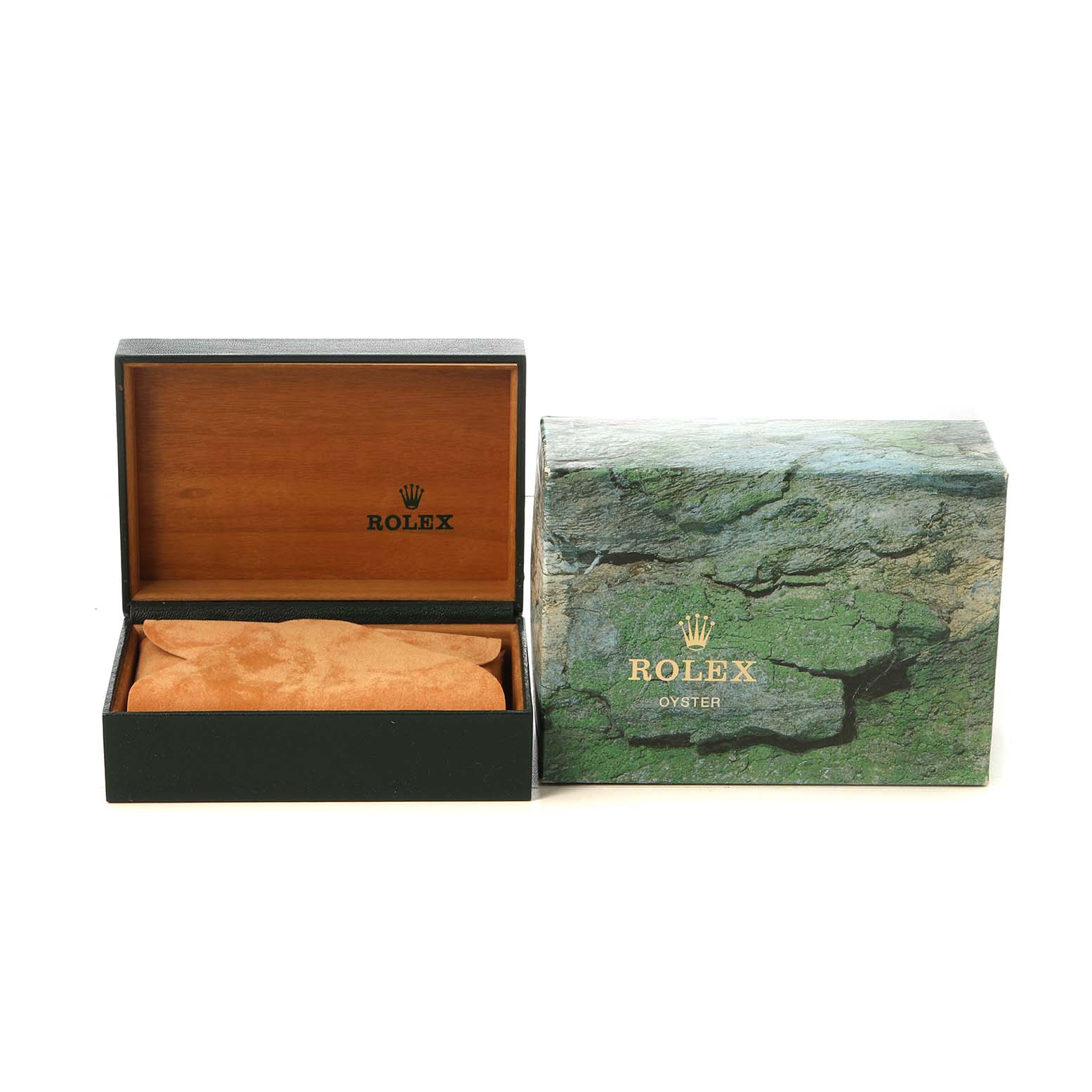 The image shows an open Rolex Datejust 68273 Women's Steel and Gold (two tone) White Dial watch box and its outer box at a straight-on angle.
