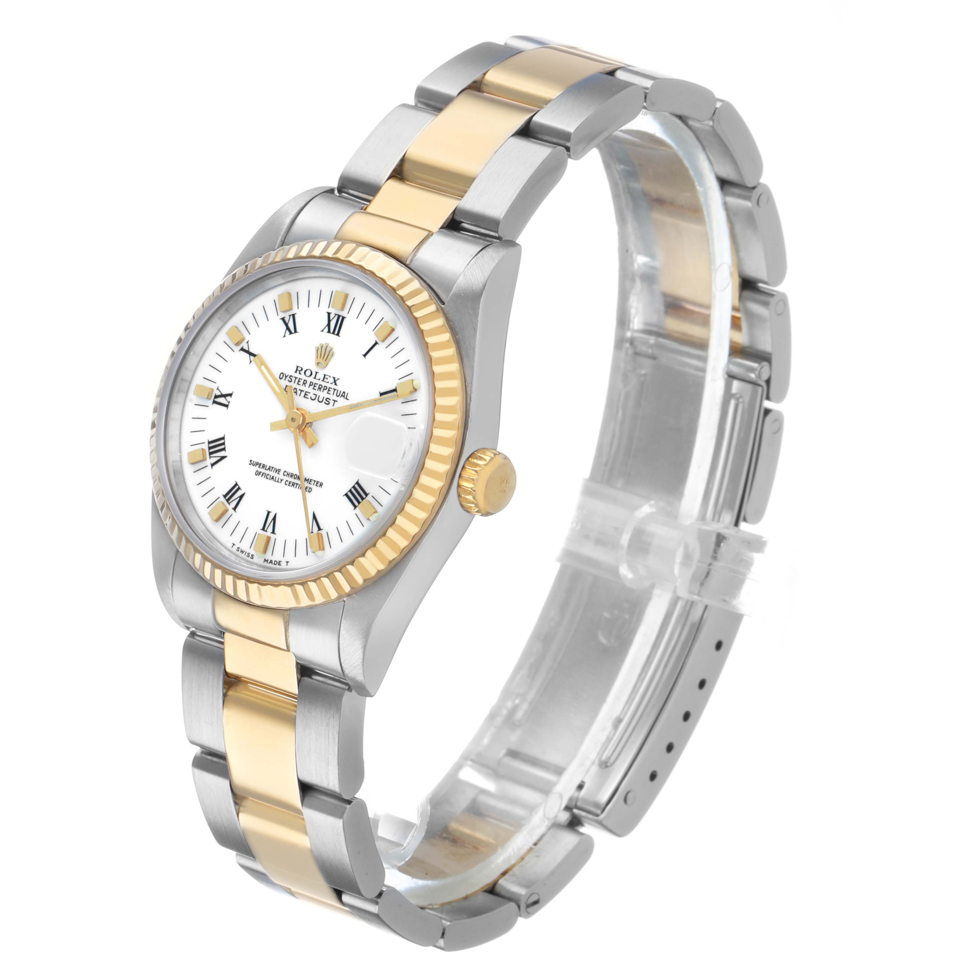 The Rolex Datejust 68273 Women's Steel and Gold (two tone) White Dial watch is shown from a three-quarter angle, highlighting its dial, bezel, crown, and two-tone bracelet.