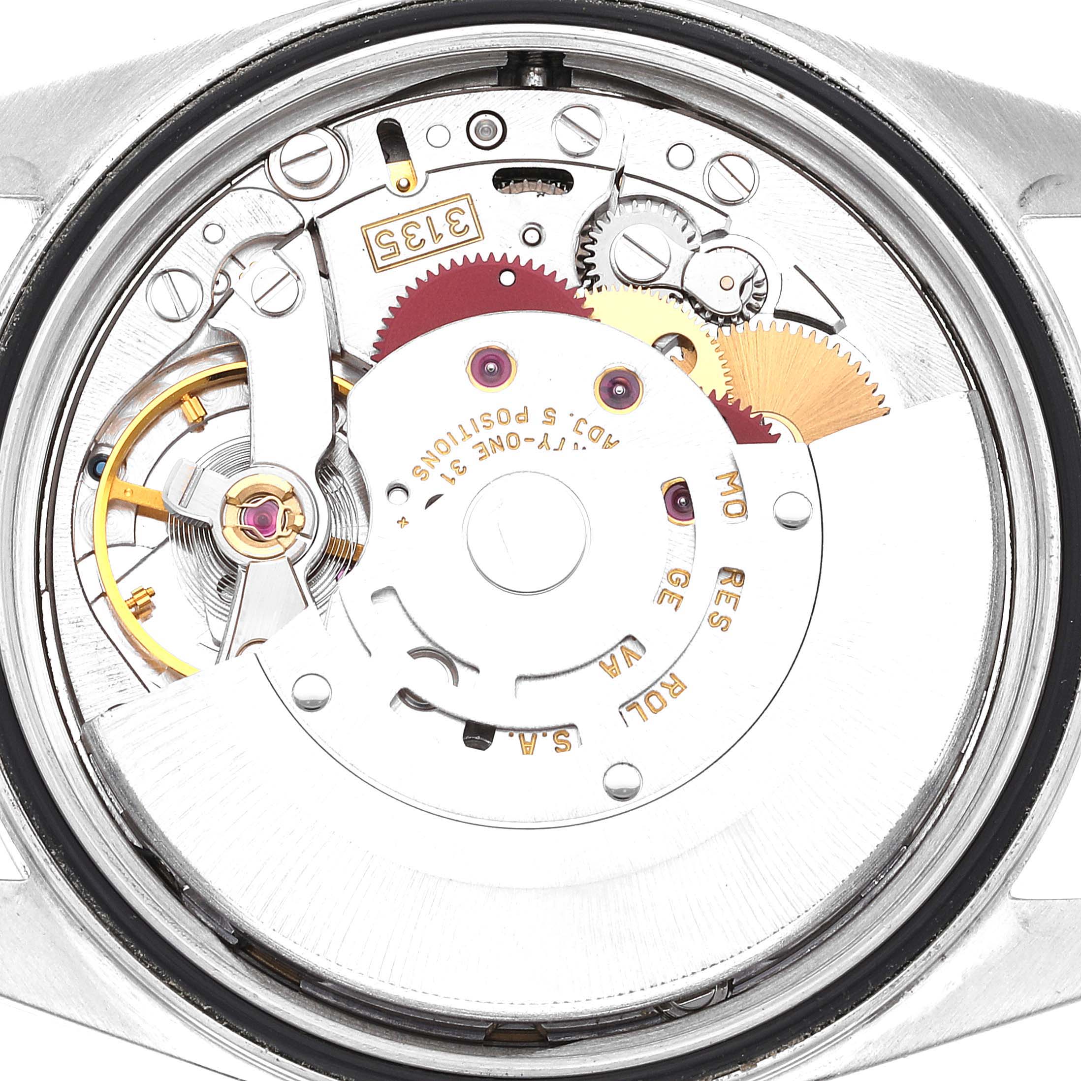 This image shows the exposed movement mechanism from the back of a Rolex Datejust 16234 Men's Stainless Steel Blue Dial 16234 Men's Stainless Steel Blue Dial watch.