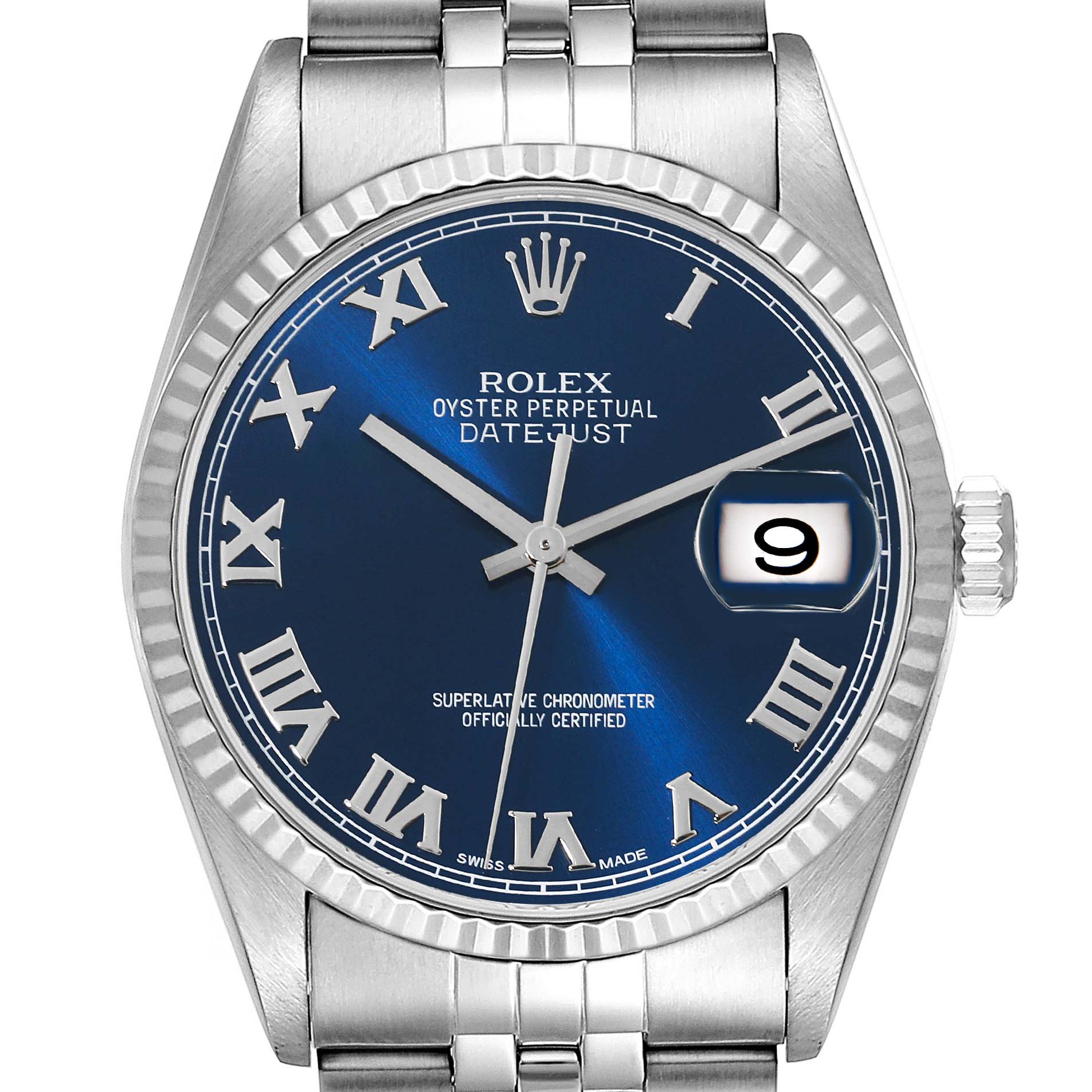 The image shows the front view of a Rolex Datejust 16234 Men's Stainless Steel Blue Dial 16234 Men's Stainless Steel Blue Dial watch, highlighting its blue dial, Roman numeral markers, and date window at 3 o'clock.