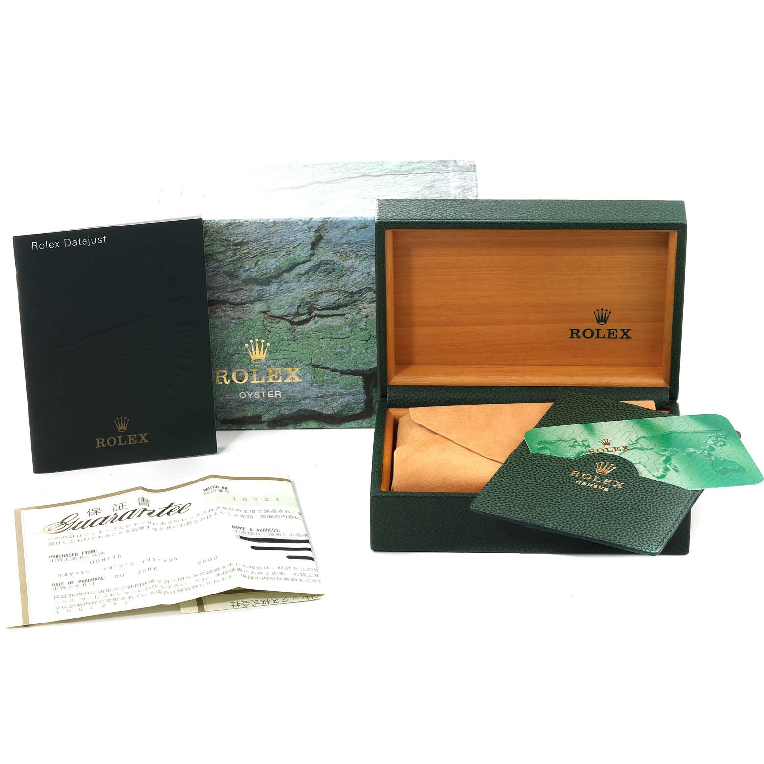 The image shows the packaging, booklet, guarantee card, and box for a Rolex Datejust 16234 Men's Stainless Steel Blue Dial 16234 Men's Stainless Steel Blue Dial watch.