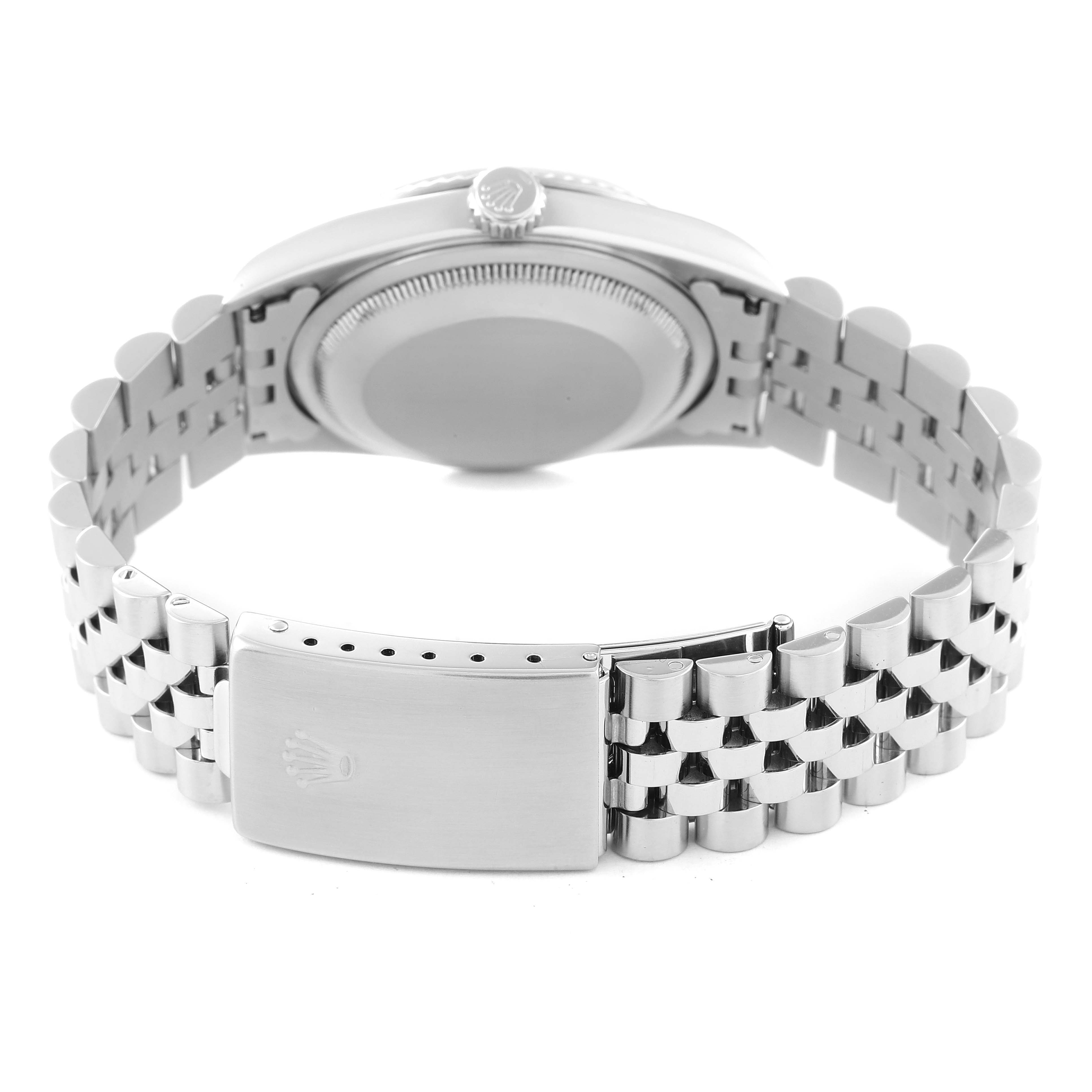 This image shows the back view of a Rolex Datejust 16234 Men's Stainless Steel Blue Dial 16234 Men's Stainless Steel Blue Dial watch, including the case back, crown, and Jubilee bracelet.