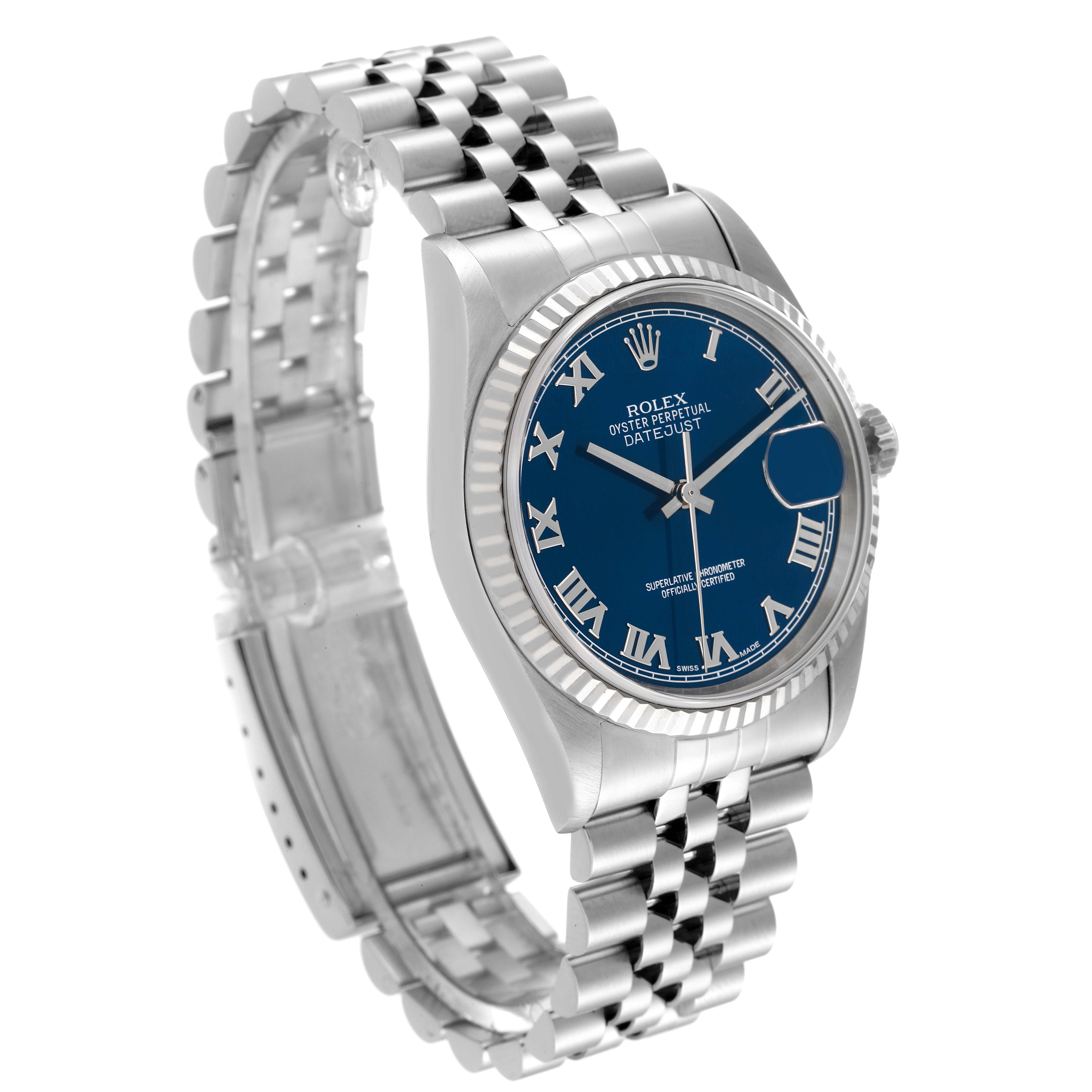 The image shows a Rolex Datejust 16234 Men's Stainless Steel Blue Dial 16234 Men's Stainless Steel Blue Dial watch at a three-quarter angle, highlighting its blue dial, fluted bezel, and Jubilee bracelet.