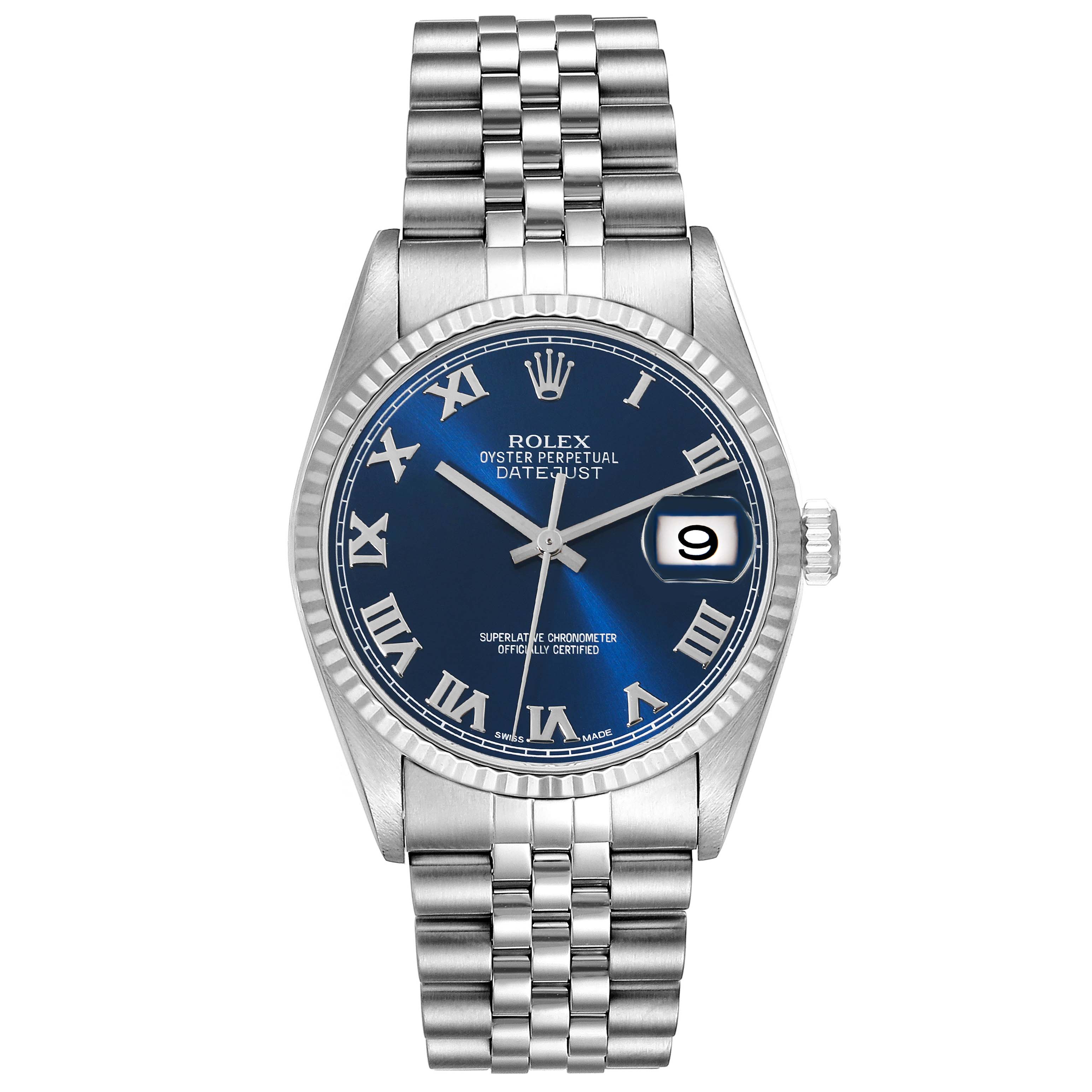 This image shows a front view of the Rolex Datejust 16234 Men's Stainless Steel Blue Dial 16234 Men's Stainless Steel Blue Dial watch, featuring a blue dial, Roman numerals, and a silver bracelet.
