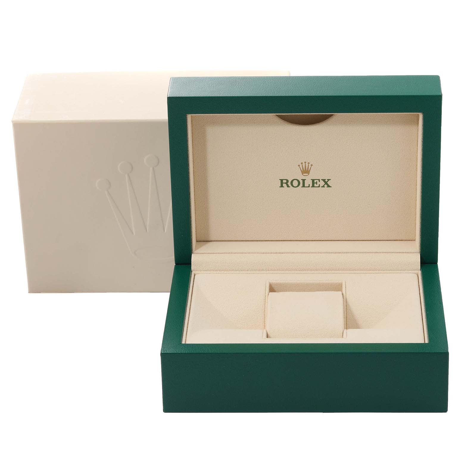 The image shows an open green and beige Rolex Datejust 126283 Men's Steel and Gold (two tone) Silver Dial 126283 Men's Steel and Gold (two tone) Silver Dial watch box, view from the front, with no watch inside.
