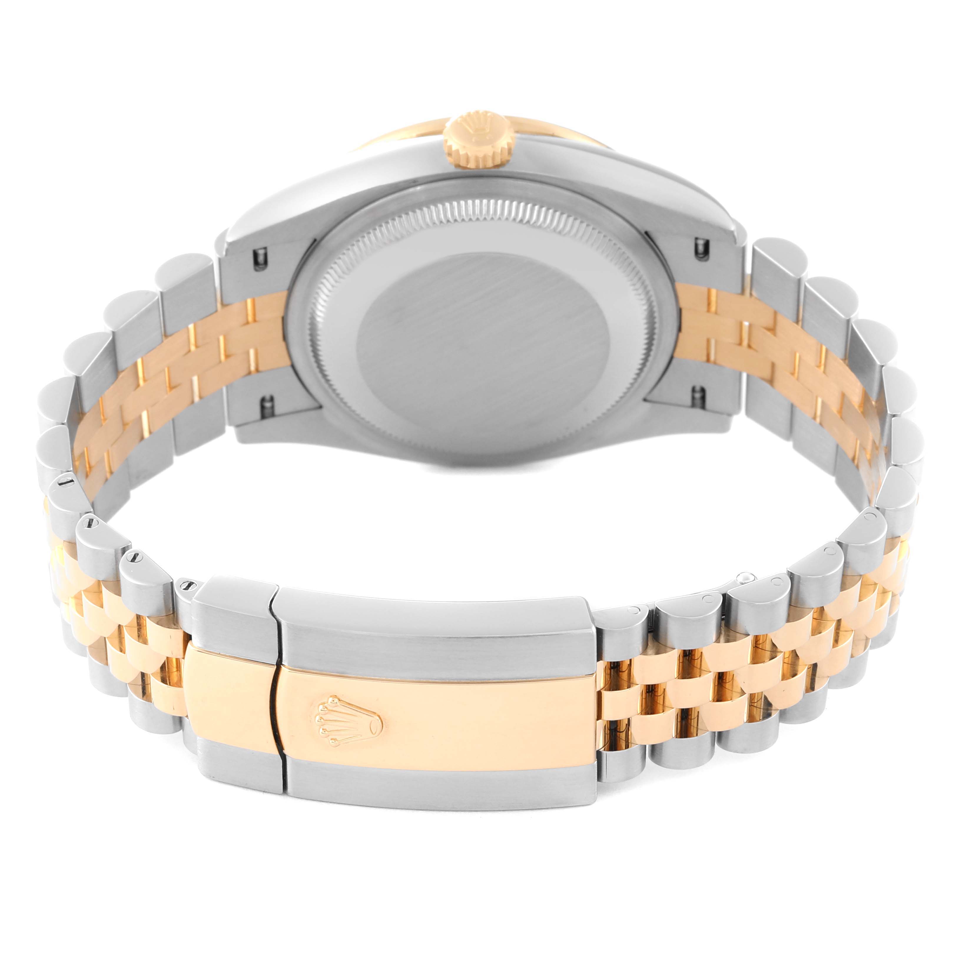This image shows the back of a Rolex Datejust 126283 Men's Steel and Gold (two tone) Silver Dial 126283 Men's Steel and Gold (two tone) Silver Dial watch, highlighting its two-tone bracelet and clasp.
