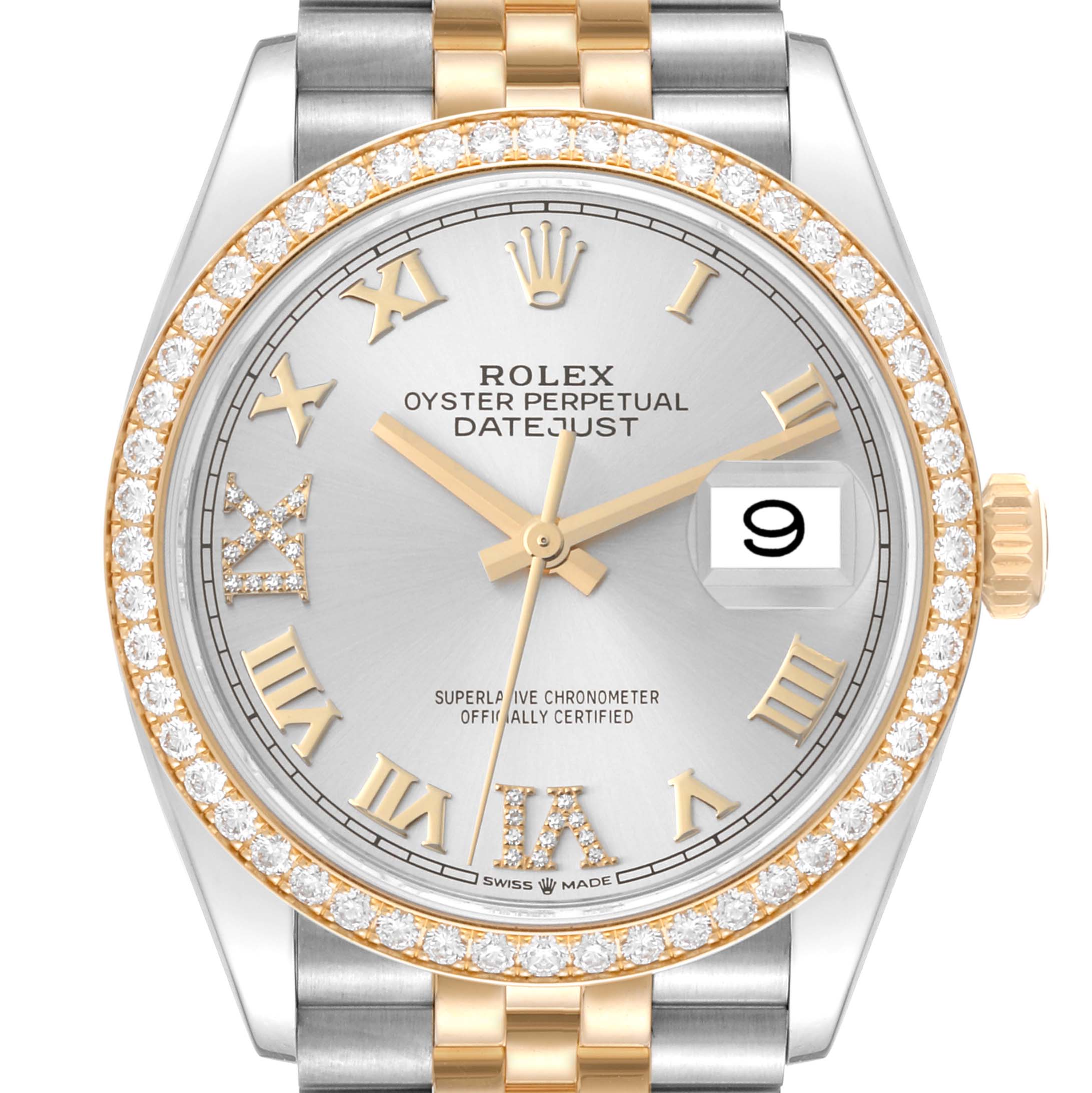 This Rolex Datejust 126283 Men's Steel and Gold (two tone) Silver Dial 126283 Men's Steel and Gold (two tone) Silver Dial watch is shown from a front angle, highlighting its Roman numeral dial, diamond bezel, and partial bracelet.