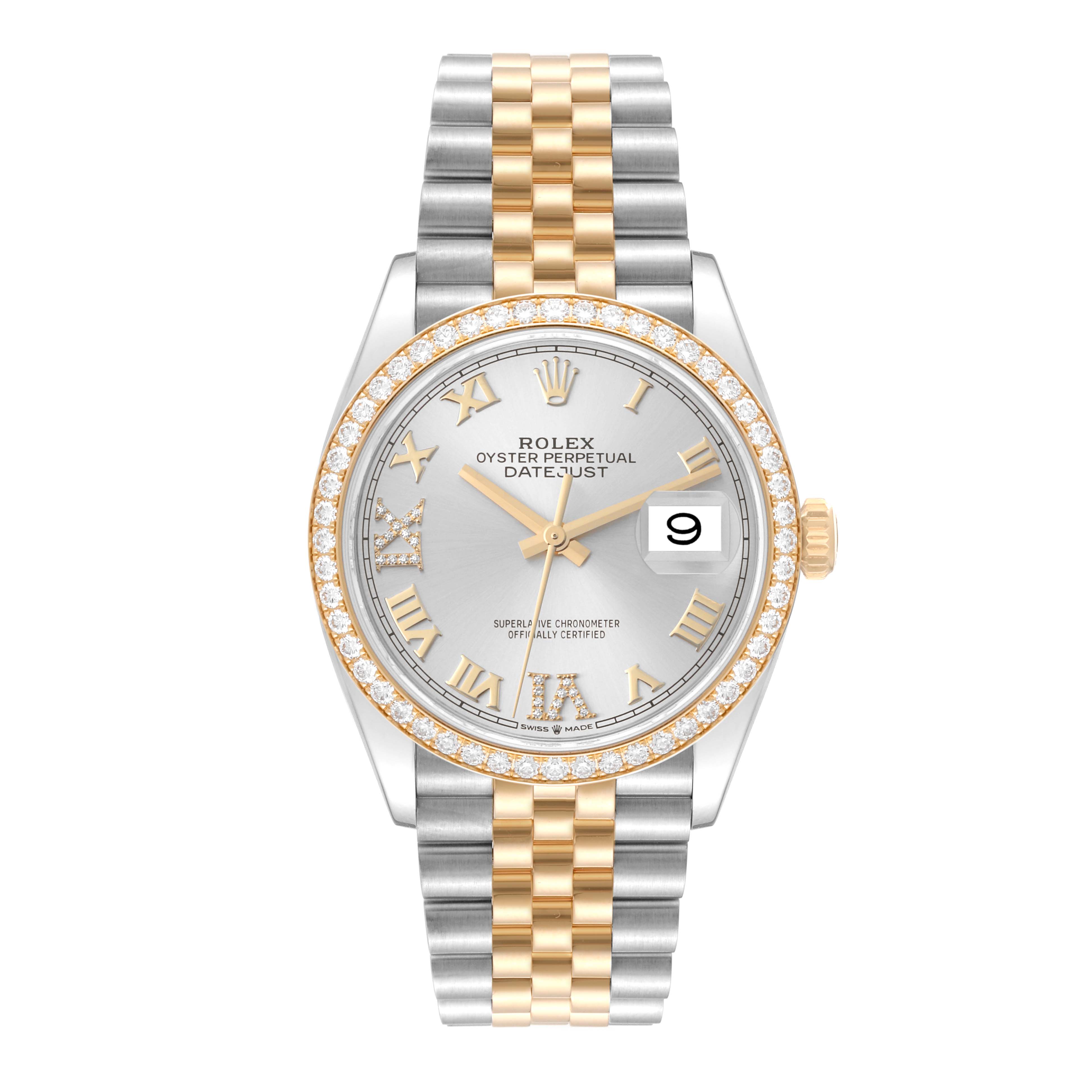 This image shows a front view of a Rolex Datejust 126283 Men's Steel and Gold (two tone) Silver Dial 126283 Men's Steel and Gold (two tone) Silver Dial watch with a silver dial, gold Roman numerals, and a two-tone bracelet.