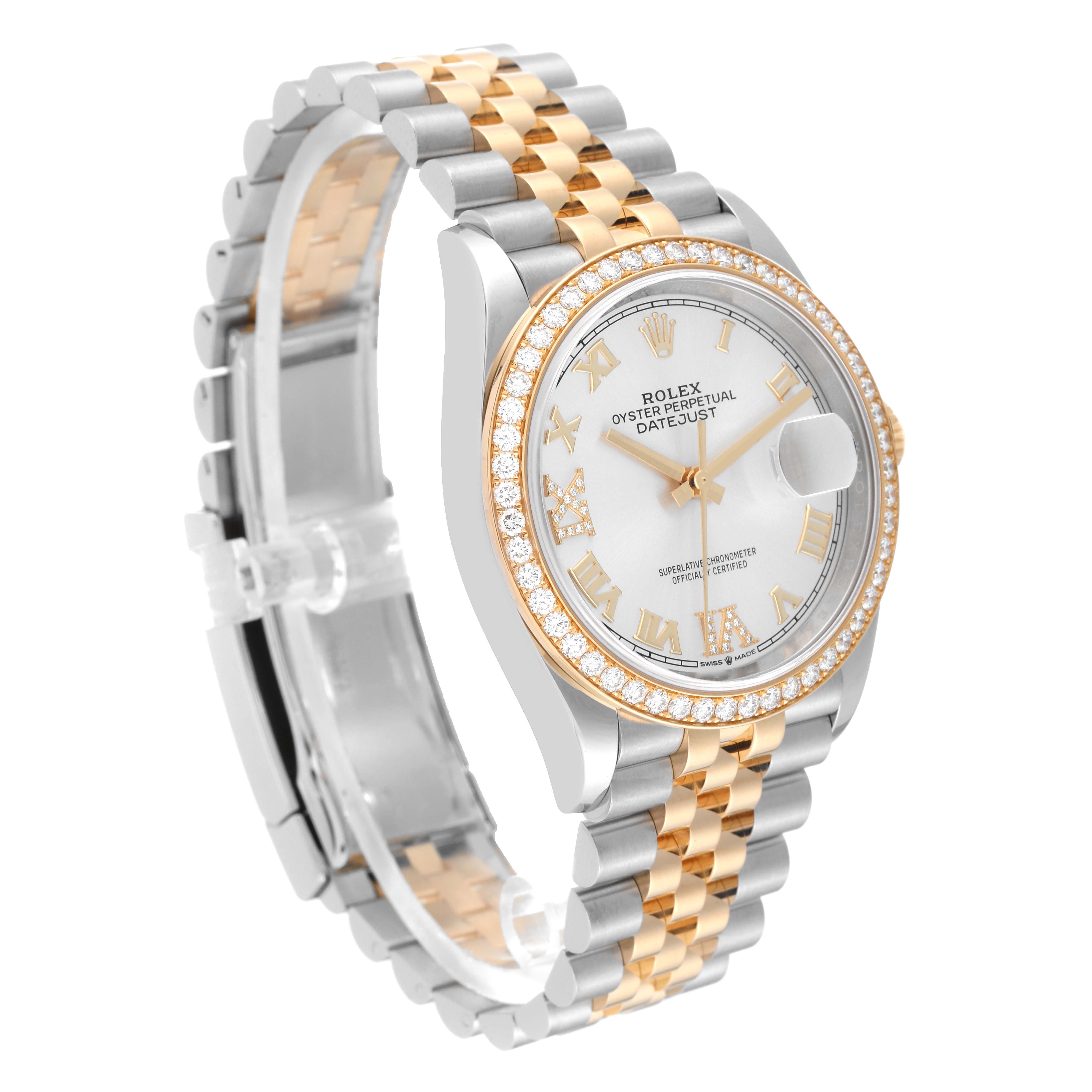The image shows a side view of a Rolex Datejust 126283 Men's Steel and Gold (two tone) Silver Dial 126283 Men's Steel and Gold (two tone) Silver Dial watch, highlighting its two-tone band, case, and diamond-encrusted bezel.