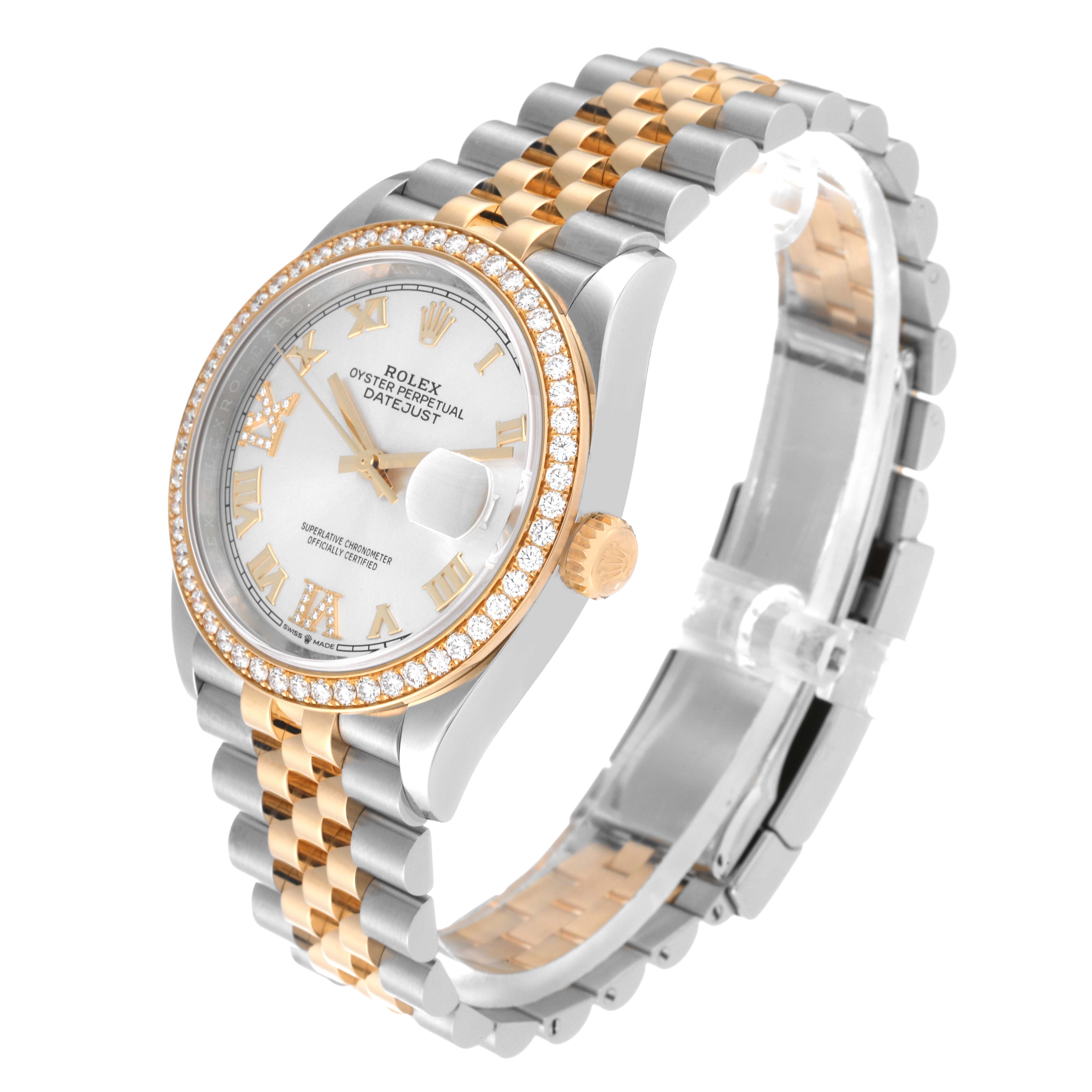 The Rolex Datejust 126283 Men's Steel and Gold (two tone) Silver Dial 126283 Men's Steel and Gold (two tone) Silver Dial watch is shown from a side angle, highlighting its dial, bezel, crown, and two-tone bracelet.