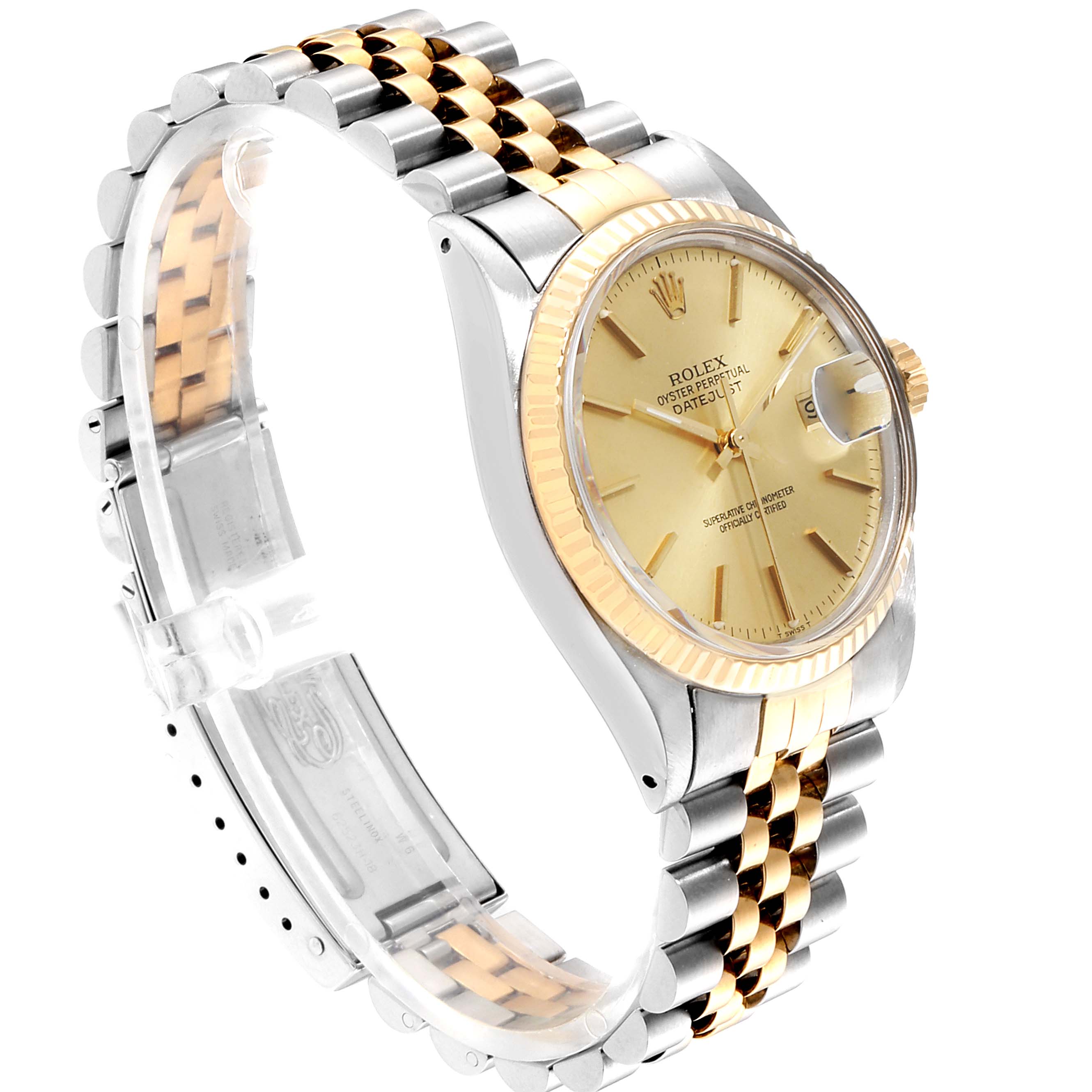 This image shows a side view of the Rolex Vintage Collection 16013 Men's Steel and Gold (two tone) Champagne Dial 16013 Men's Steel and Gold (two tone) Champagne Dial watch, displaying the face, bezel, crown, and two-tone bracelet.