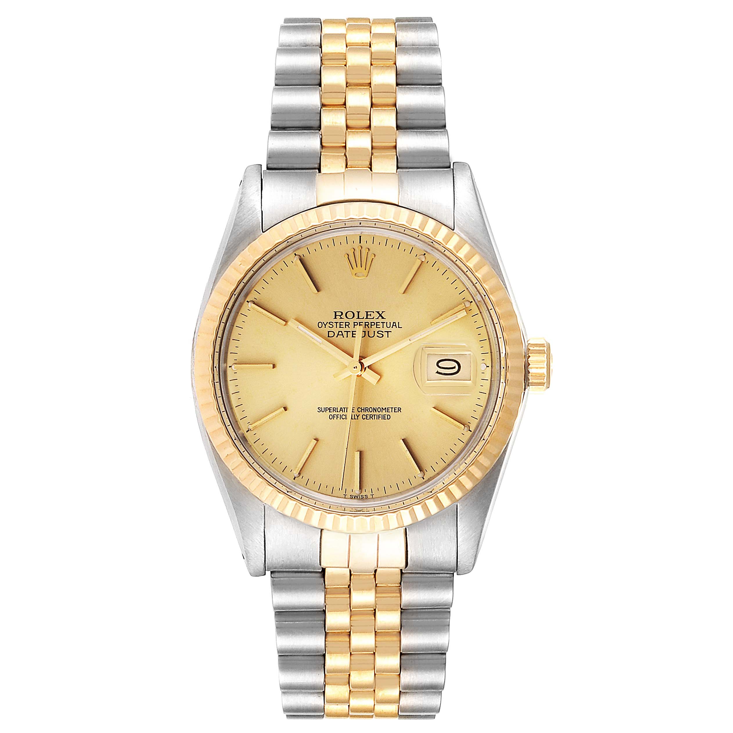 The image shows a front view of the Rolex Vintage Collection 16013 Men's Steel and Gold (two tone) Champagne Dial 16013 Men's Steel and Gold (two tone) Champagne Dial Datejust watch, highlighting its dial, bezel, and two-tone bracelet.