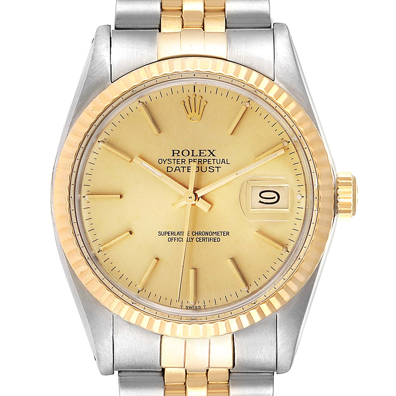 The image shows a front-facing view of a Rolex Vintage Collection 16013 Men's Steel and Gold (two tone) Champagne Dial 16013 Men's Steel and Gold (two tone) Champagne Dial Datejust watch, displaying the dial, fluted bezel, and part of the band.