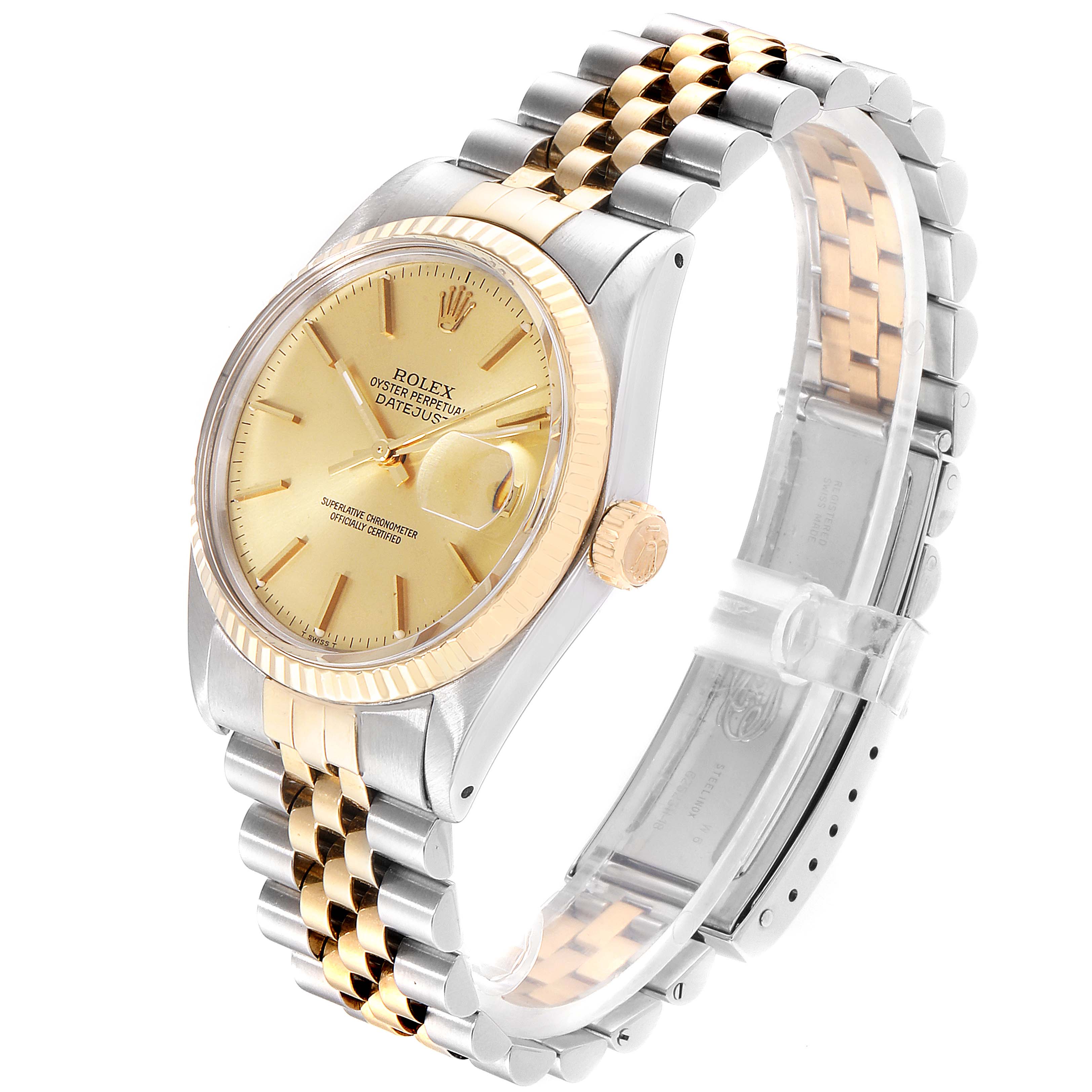 The image shows a side angle view of the Rolex Vintage Collection 16013 Men's Steel and Gold (two tone) Champagne Dial 16013 Men's Steel and Gold (two tone) Champagne Dial model, highlighting its face, bezel, crown, and bracelet.