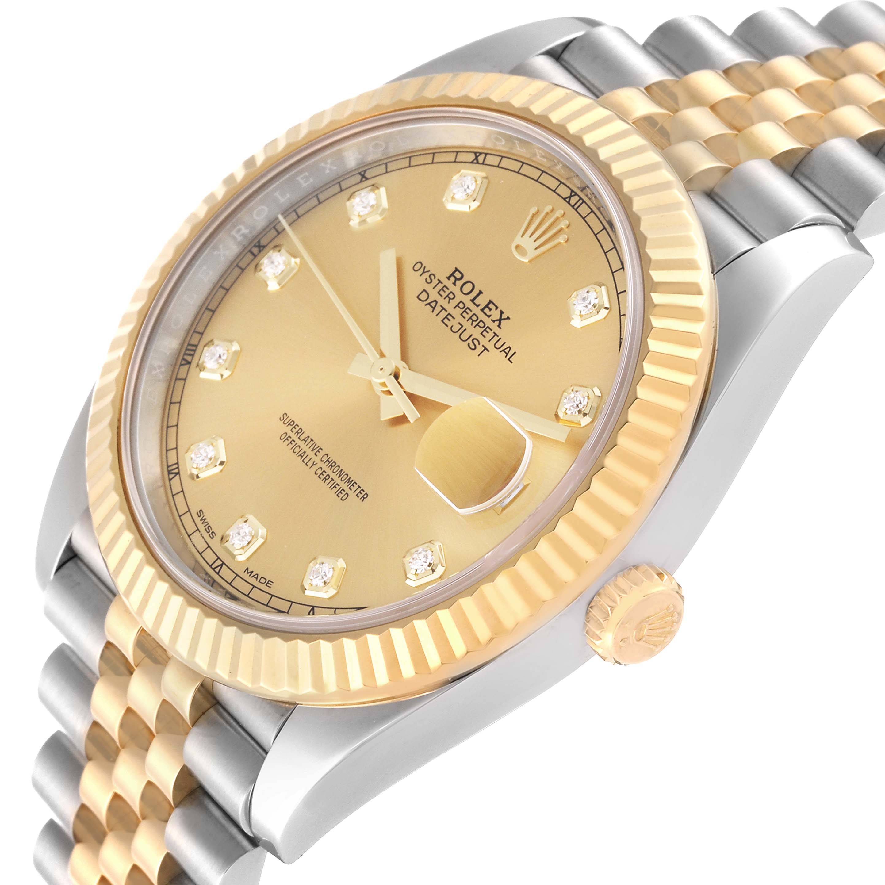 The image shows a close-up, angled view of the Rolex Datejust 41 M126333-0012 Men's Steel and Gold (two tone) Champagne Dial M126333-0012 Men's Steel and Gold (two tone) Champagne Dial watch, highlighting the dial, bezel, and part of the bracelet.