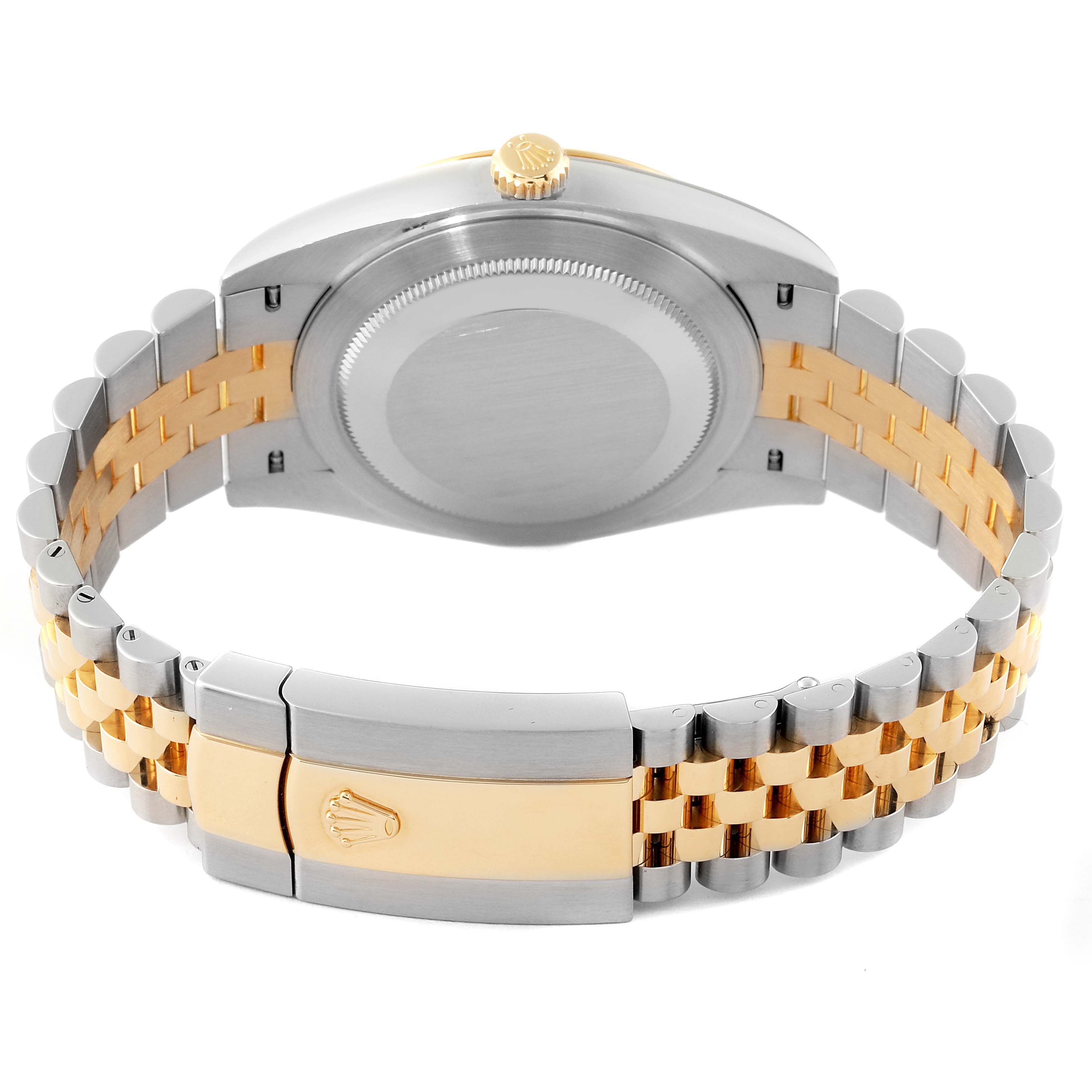 The image shows the back view of a Rolex Datejust 41 M126333-0012 Men's Steel and Gold (two tone) Champagne Dial M126333-0012 Men's Steel and Gold (two tone) Champagne Dial, highlighting the case back, crown, and two-tone bracelet with the clasp.