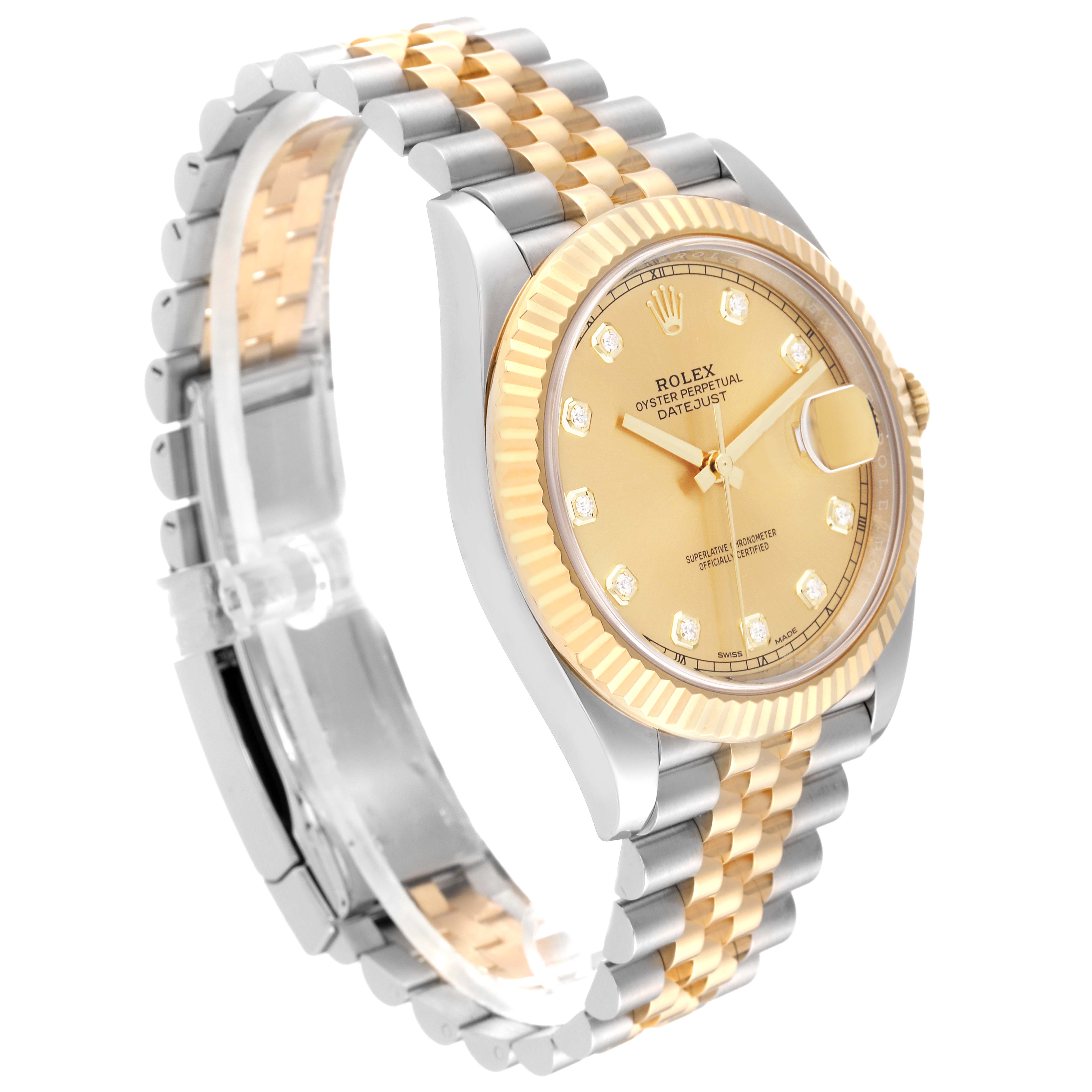 The image shows a Rolex Datejust 41 M126333-0012 Men's Steel and Gold (two tone) Champagne Dial M126333-0012 Men's Steel and Gold (two tone) Champagne Dial watch at an angle, highlighting the bracelet, bezel, and dial.