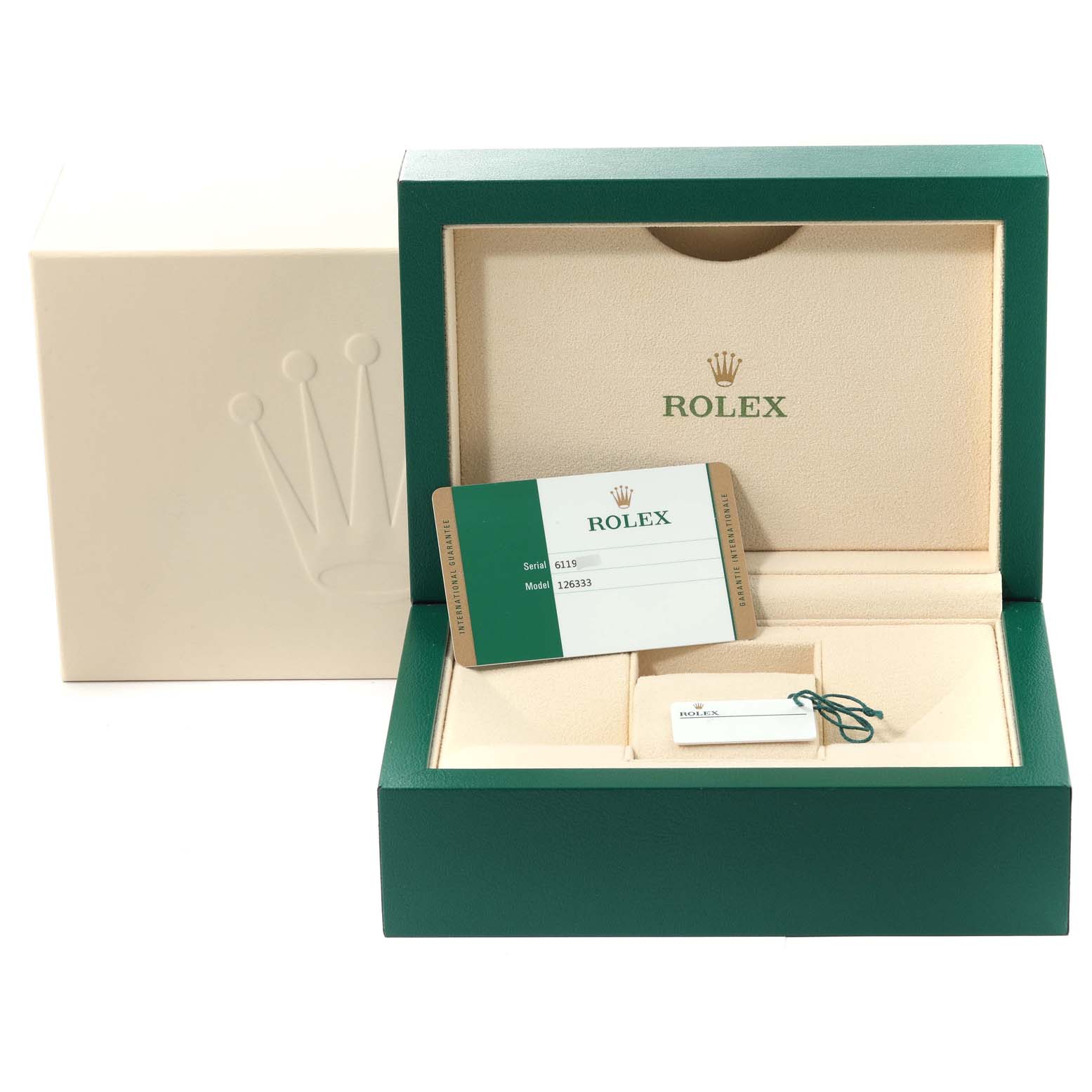 The image shows the packaging and warranty card for a Rolex Datejust 41 M126333-0012 Men's Steel and Gold (two tone) Champagne Dial M126333-0012 Men's Steel and Gold (two tone) Champagne Dial model watch, including the inner and outer boxes.