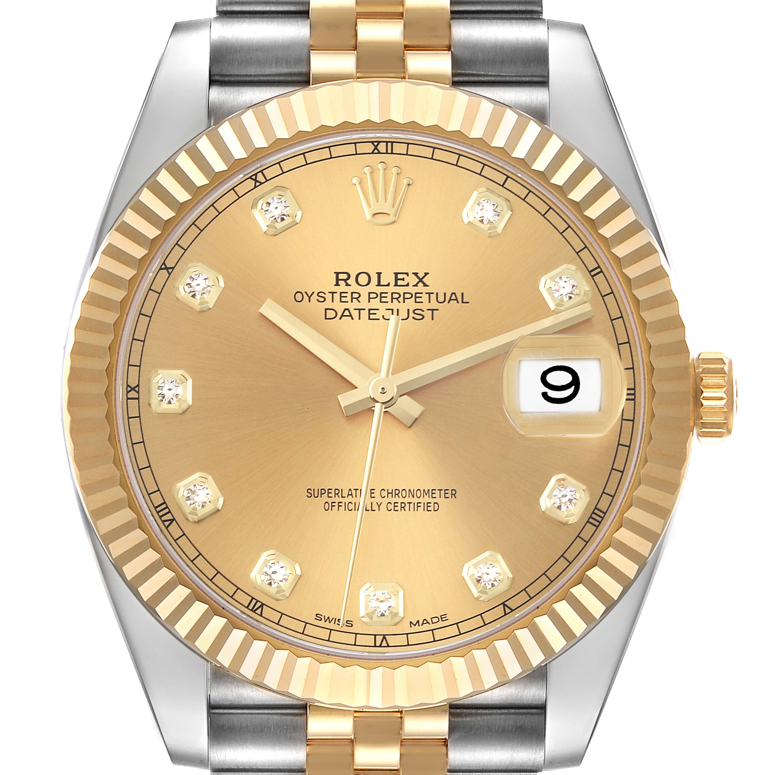 This Rolex Datejust 41 M126333-0012 Men's Steel and Gold (two tone) Champagne Dial M126333-0012 Men's Steel and Gold (two tone) Champagne Dial watch is shown from the front, highlighting its gold dial, diamond hour markers, date window, and two-tone bracelet.