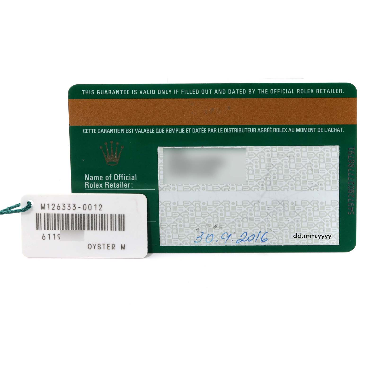 The image shows a guarantee card and a tag for the Rolex Datejust 41 M126333-0012 Men's Steel and Gold (two tone) Champagne Dial M126333-0012 Men's Steel and Gold (two tone) Champagne Dial model.