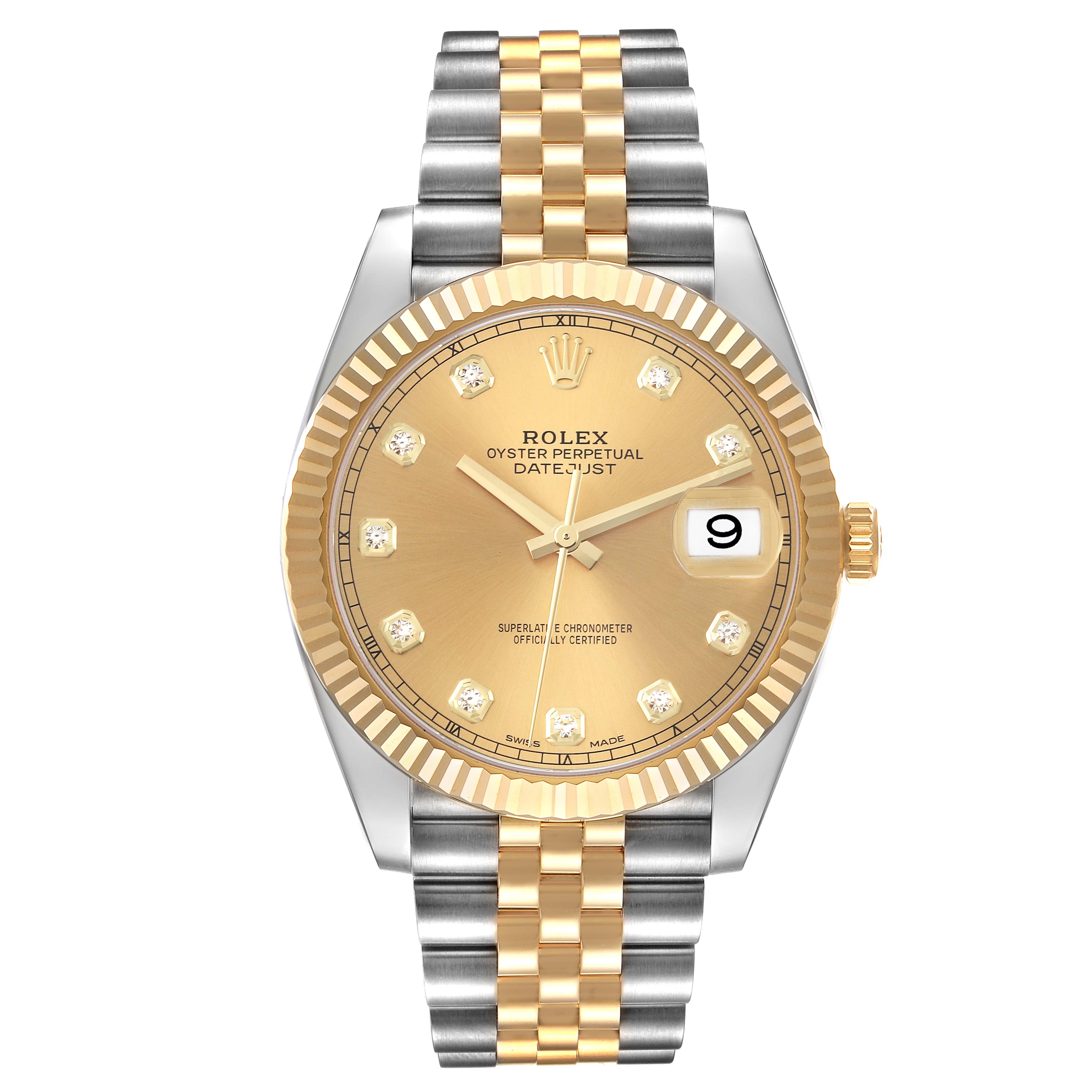 The image shows a frontal view of the Rolex Datejust 41 M126333-0012 Men's Steel and Gold (two tone) Champagne Dial M126333-0012 Men's Steel and Gold (two tone) Champagne Dial watch, highlighting its two-tone bracelet, gold dial, and date function.