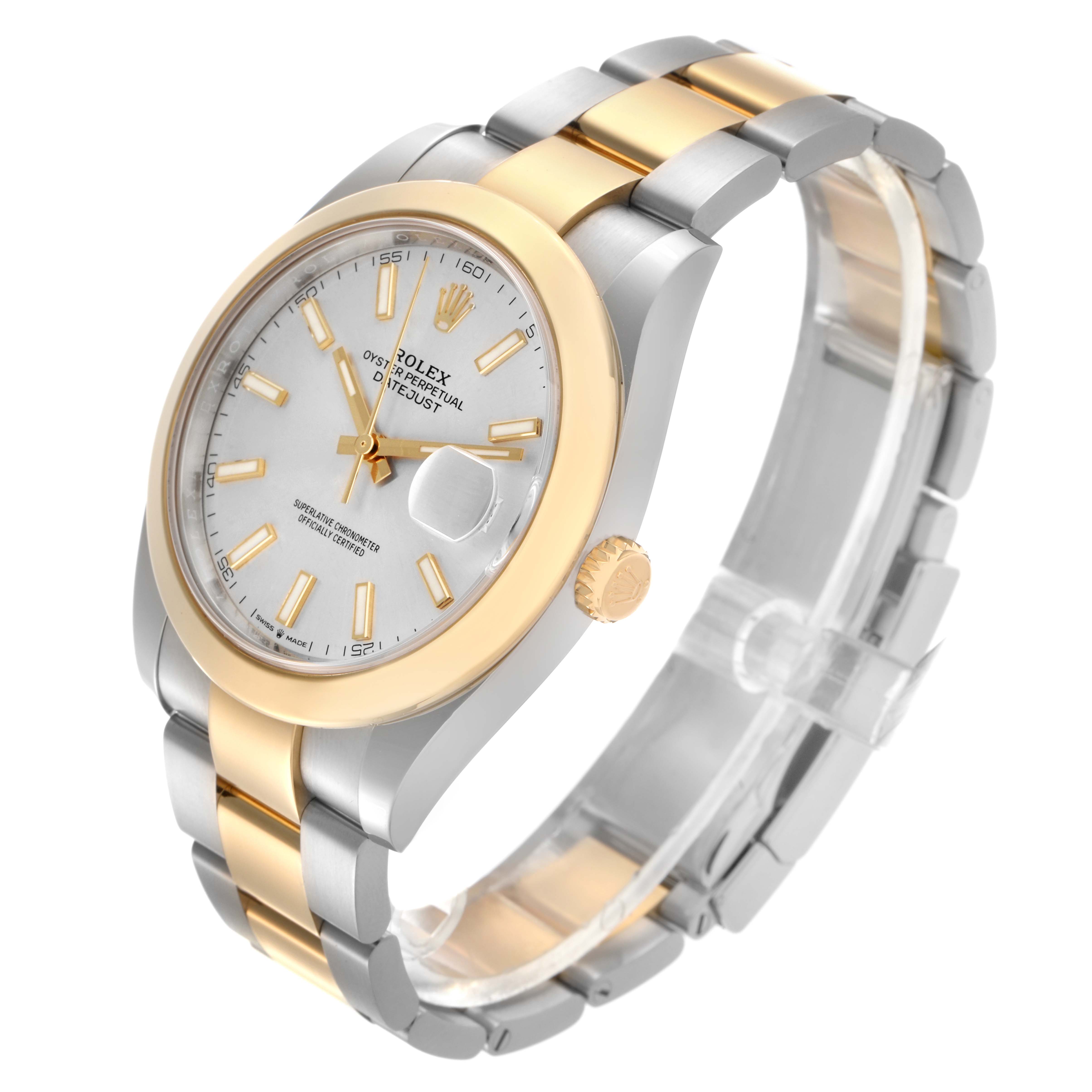 The Rolex Datejust 41 126303 Men
s Steel and Gold (two tone) Silver Dial 126303 Men
s Steel and Gold (two tone) Silver Dial is shown at a three-quarter angle, highlighting the face, bezel, crown, and two-tone bracelet.