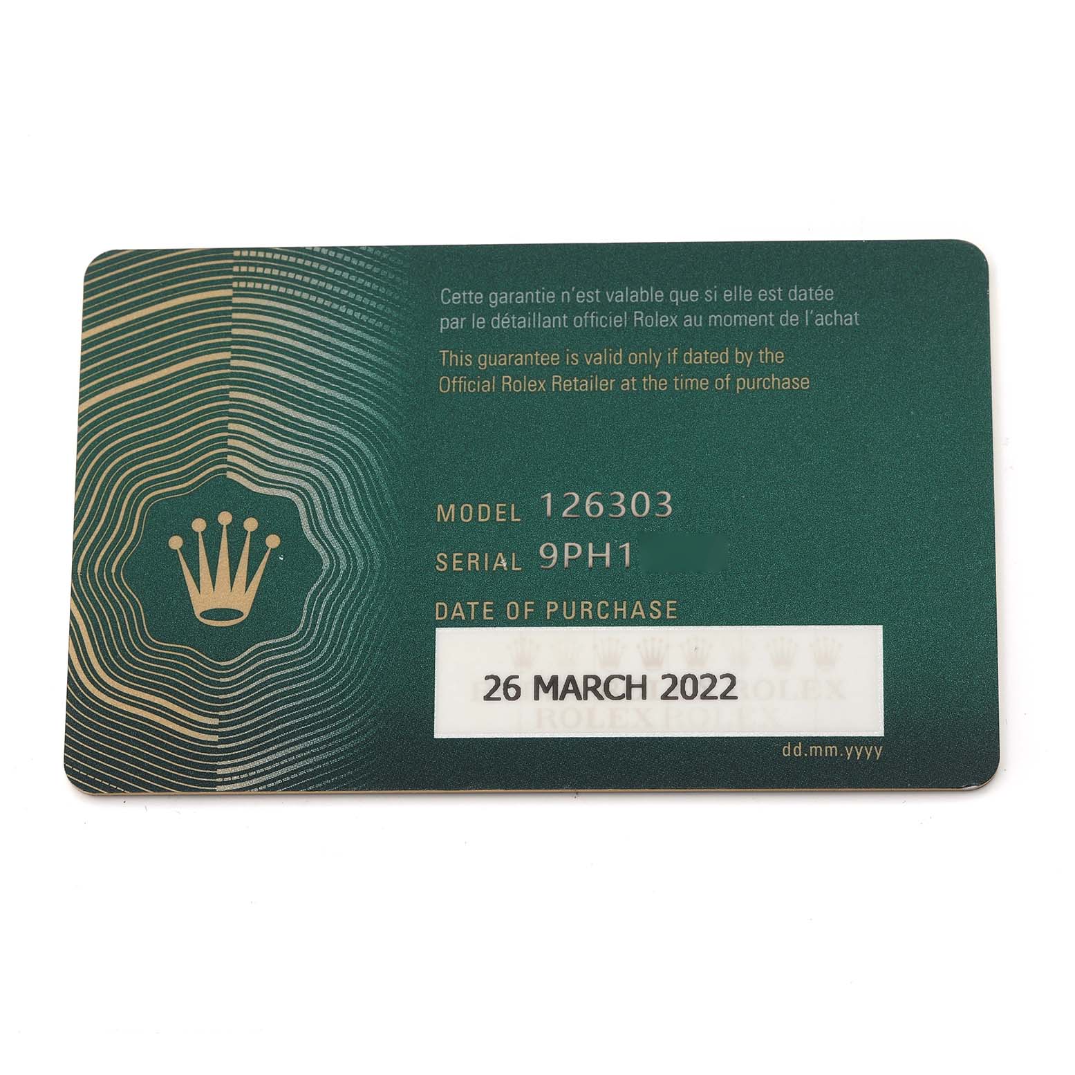 The image shows a warranty card for the Rolex Datejust 41 126303 Men
s Steel and Gold (two tone) Silver Dial 126303 Men
s Steel and Gold (two tone) Silver Dial model, displaying the model number, serial number, and purchase date.
