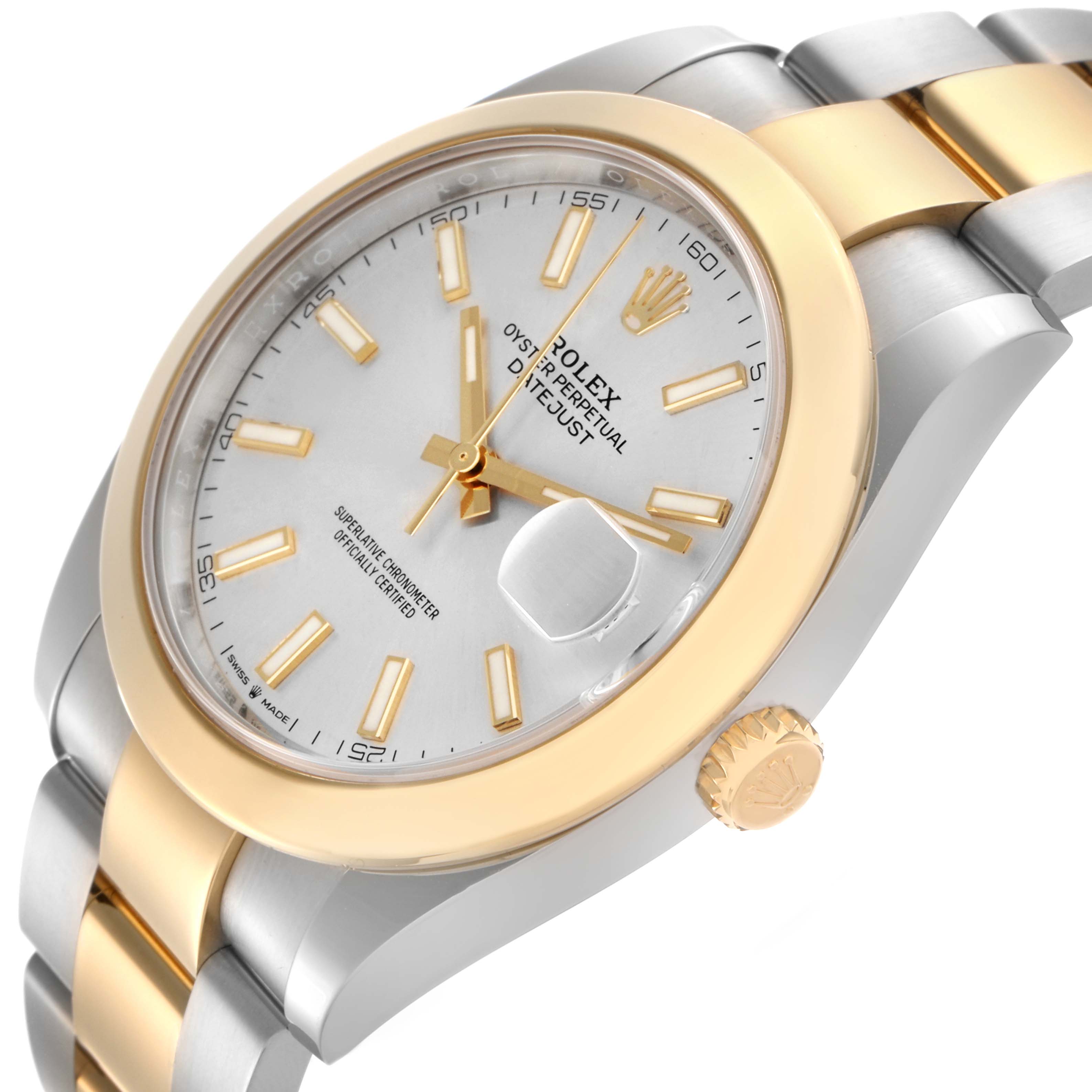The Rolex Datejust 41 126303 Men
s Steel and Gold (two tone) Silver Dial 126303 Men
s Steel and Gold (two tone) Silver Dial is shown at a side angle, highlighting the gold bezel, crown, and bracelet links.