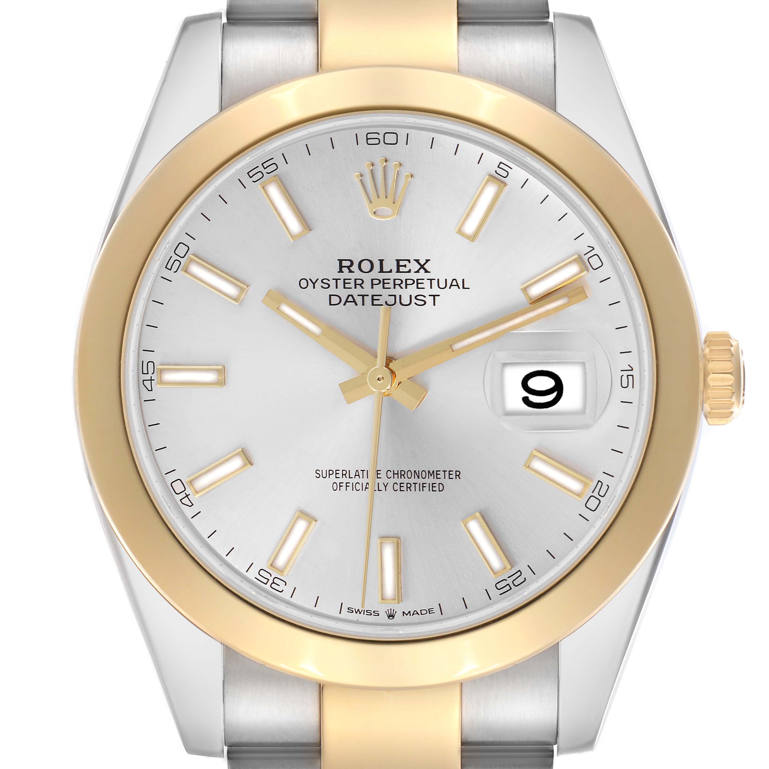 The Rolex Datejust 41 126303 Men
s Steel and Gold (two tone) Silver Dial 126303 Men
s Steel and Gold (two tone) Silver Dial watch is shown from the front, highlighting the face, bezel, hands, and part of the bracelet.