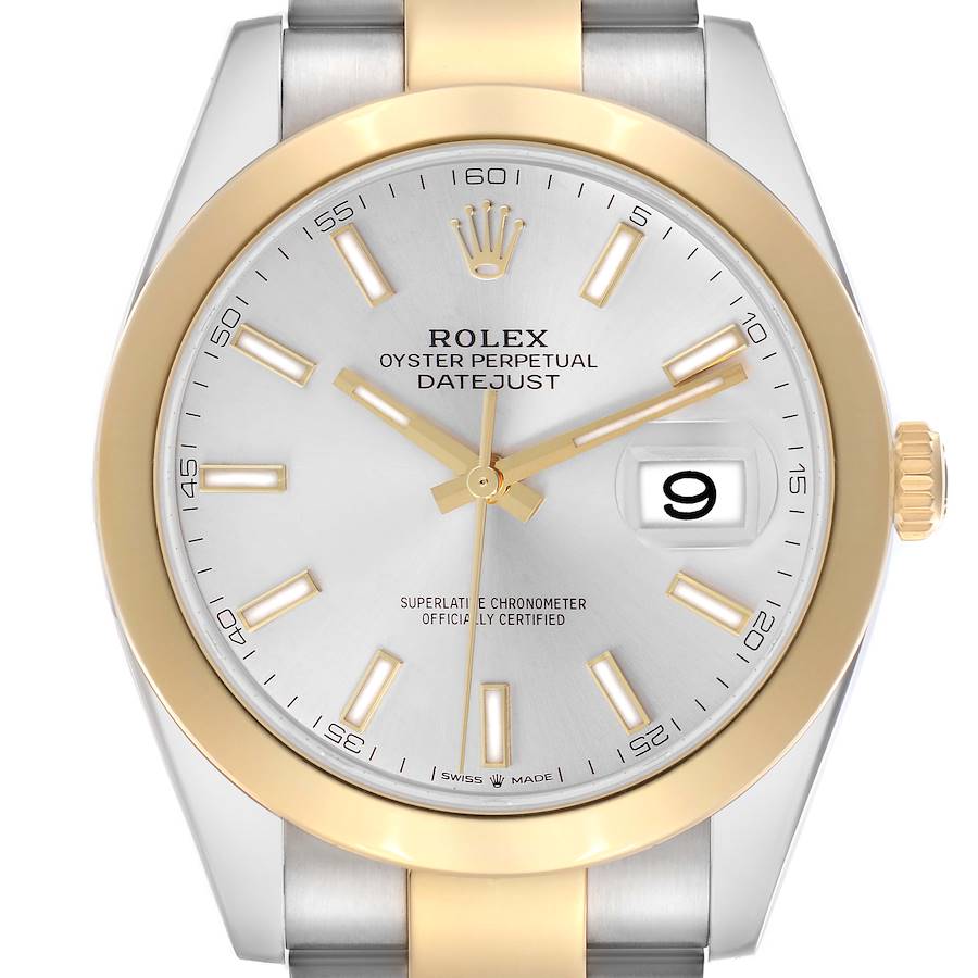 The Rolex Datejust 41 watch is shown from the front, highlighting the face, bezel, hands, and part of the bracelet.