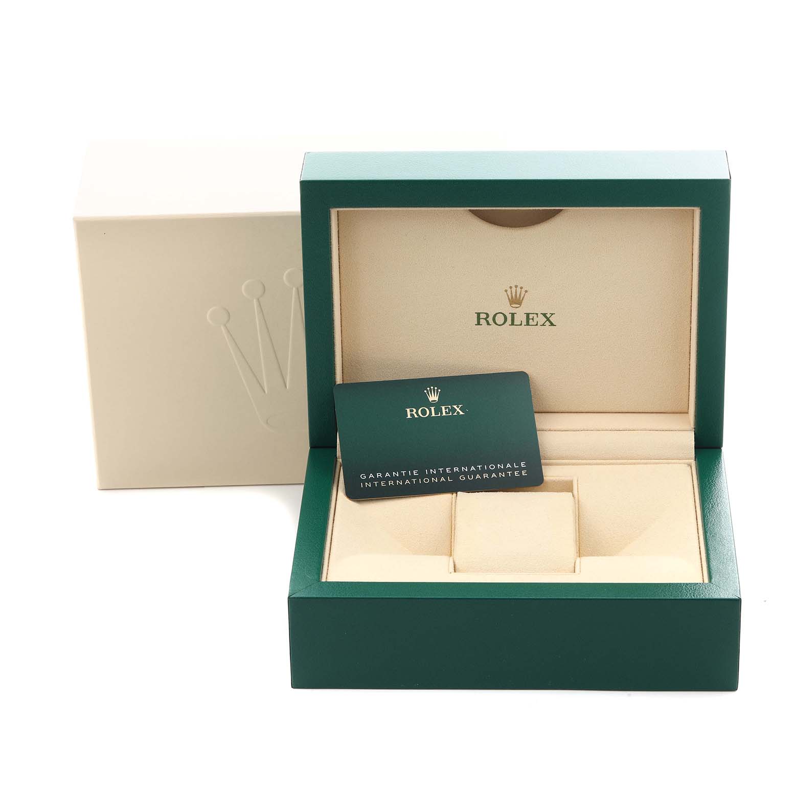 The image shows the open box and international guarantee card of a Rolex Datejust 41 126303 Men
s Steel and Gold (two tone) Silver Dial 126303 Men
s Steel and Gold (two tone) Silver Dial, viewed from the front.