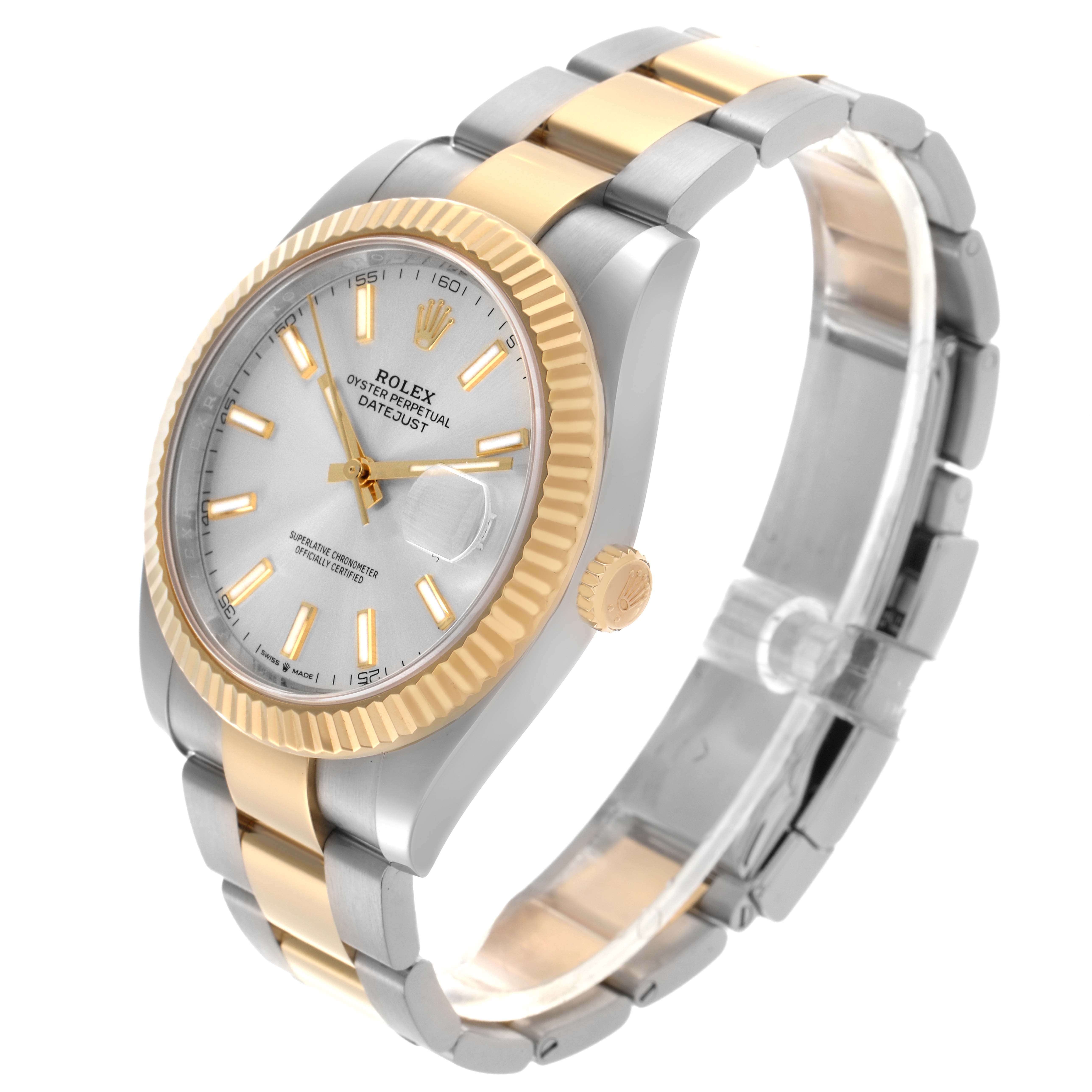 The Rolex Datejust 41 126333 Men
s Steel and Gold (two tone) Silver Dial 126333 Men
s Steel and Gold (two tone) Silver Dial is shown at a three-quarter angle, highlighting its face, bezel, bracelet, and crown.